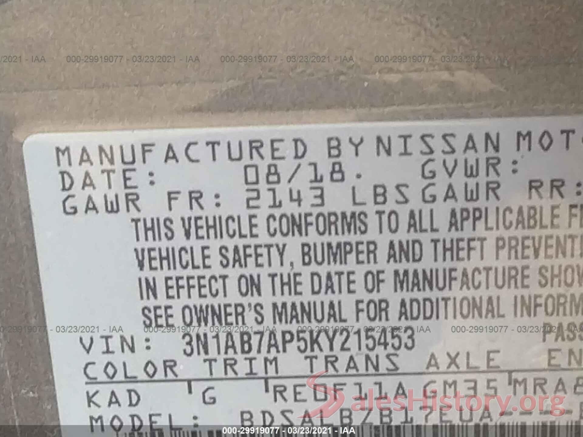 3N1AB7AP5KY215453 2019 NISSAN SENTRA