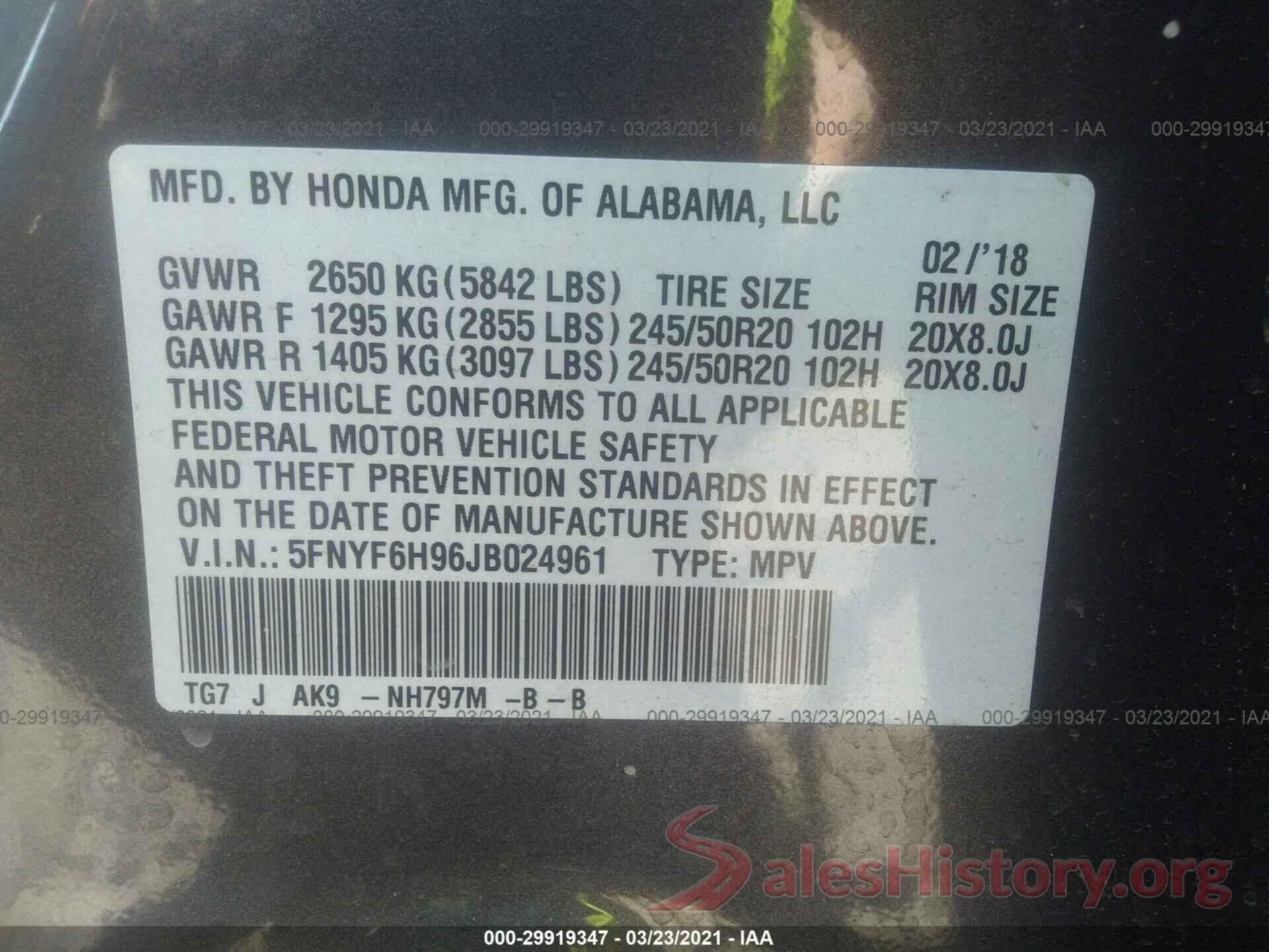 5FNYF6H96JB024961 2018 HONDA PILOT