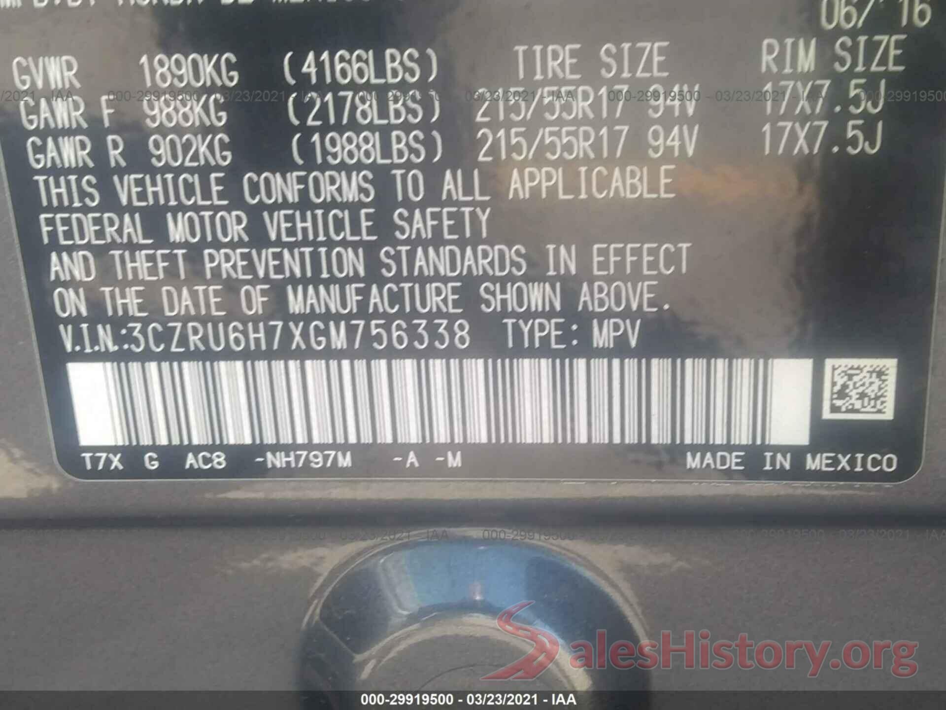 3CZRU6H7XGM756338 2016 HONDA HR-V