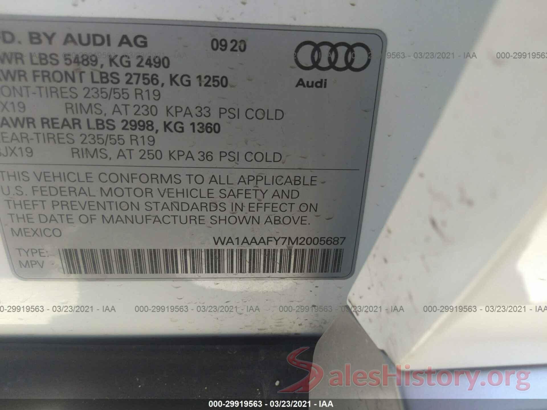 WA1AAAFY7M2005687 2021 AUDI Q5