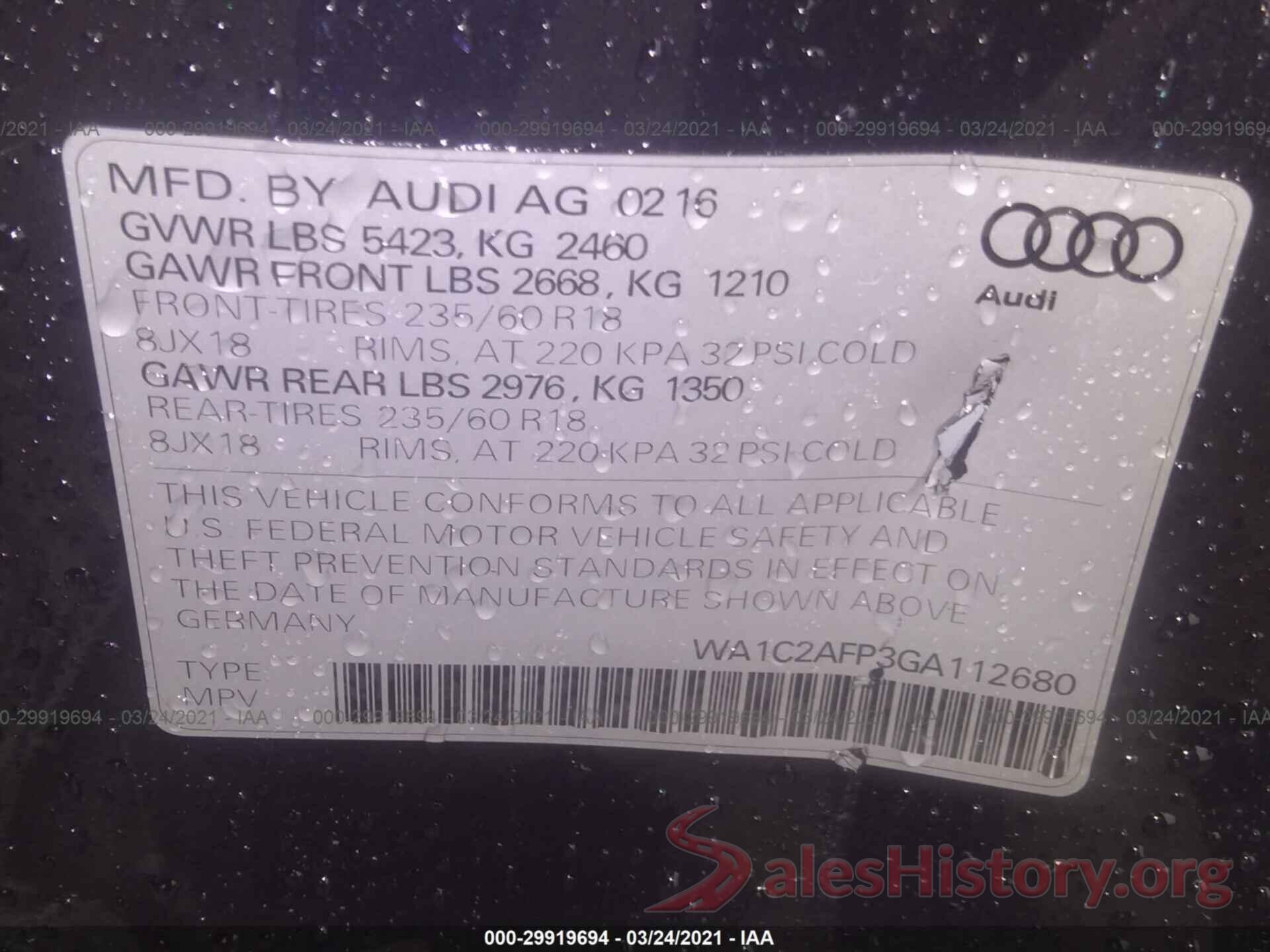 WA1C2AFP3GA112680 2016 AUDI Q5