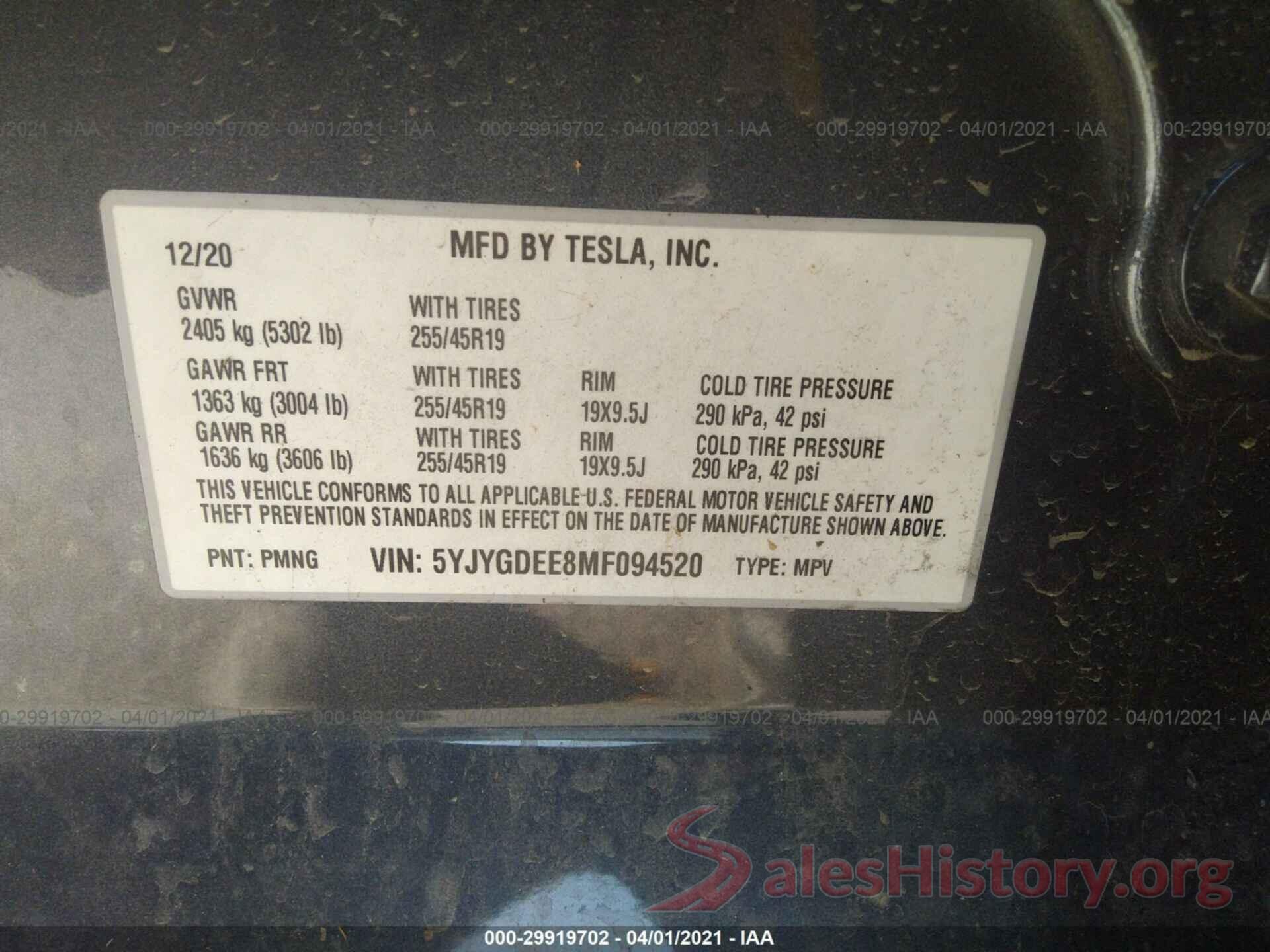 5YJYGDEE8MF094520 2021 TESLA MODEL Y