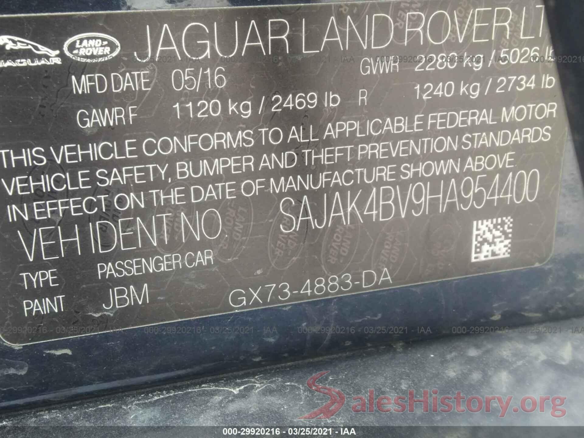 SAJAK4BV9HA954400 2017 JAGUAR XE