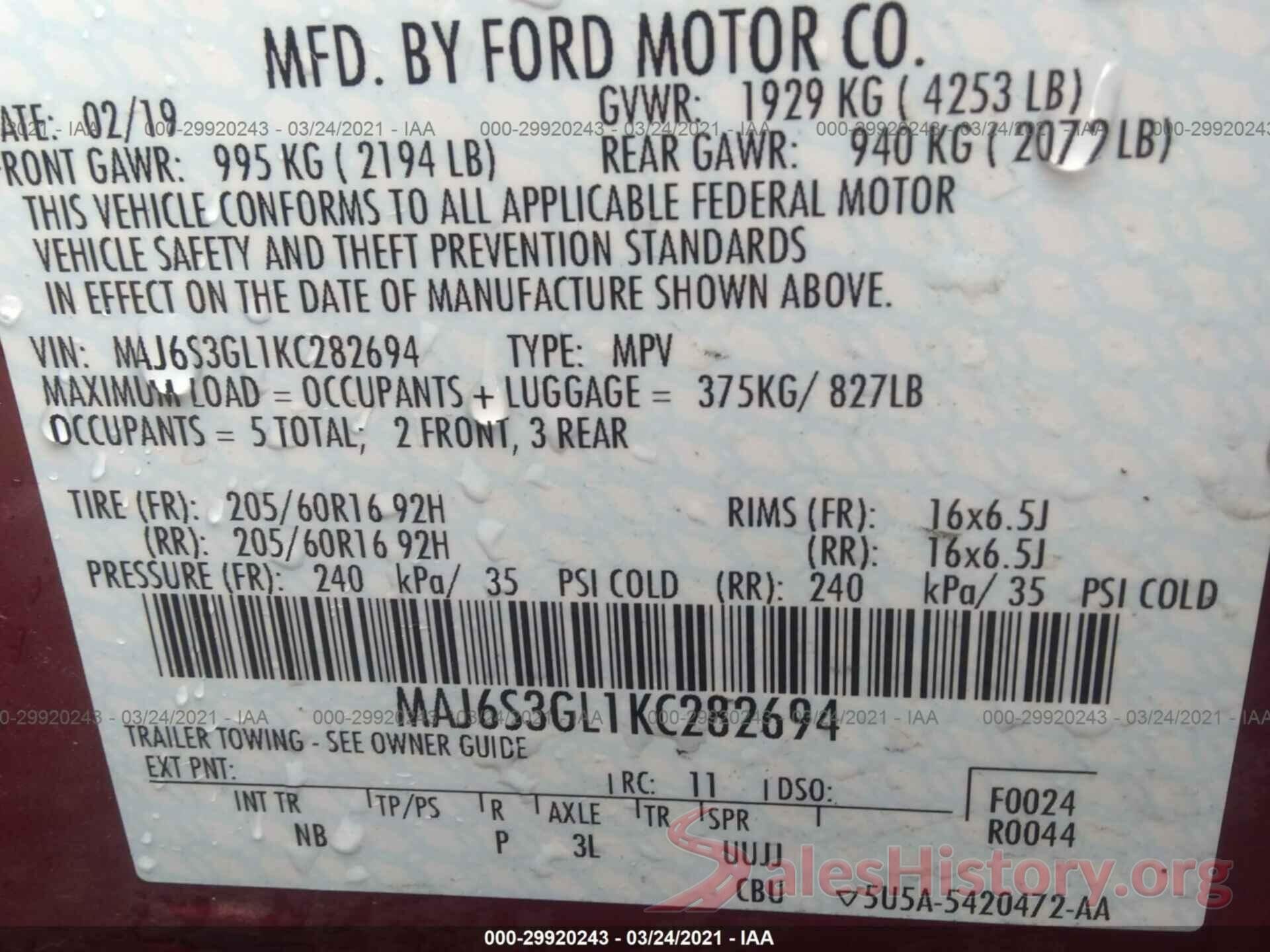 MAJ6S3GL1KC282694 2019 FORD ECOSPORT