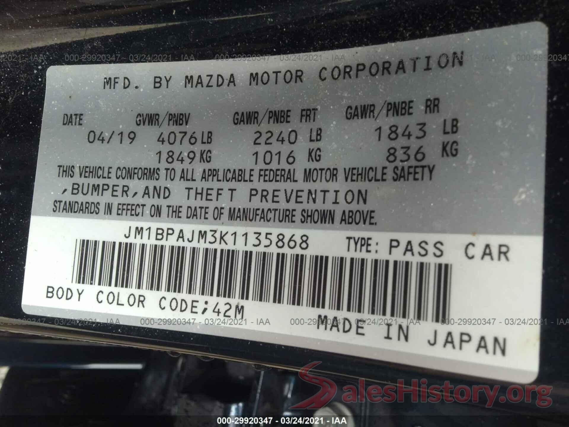 JM1BPAJM3K1135868 2019 MAZDA MAZDA3 HATCHBACK