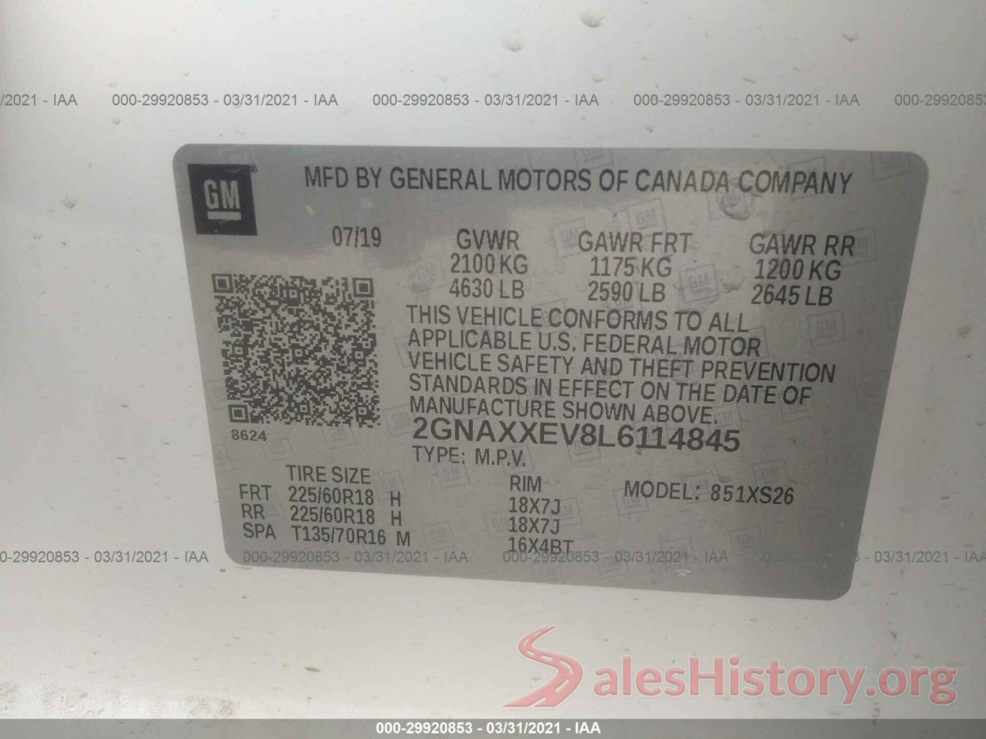 2GNAXXEV8L6114845 2020 CHEVROLET EQUINOX