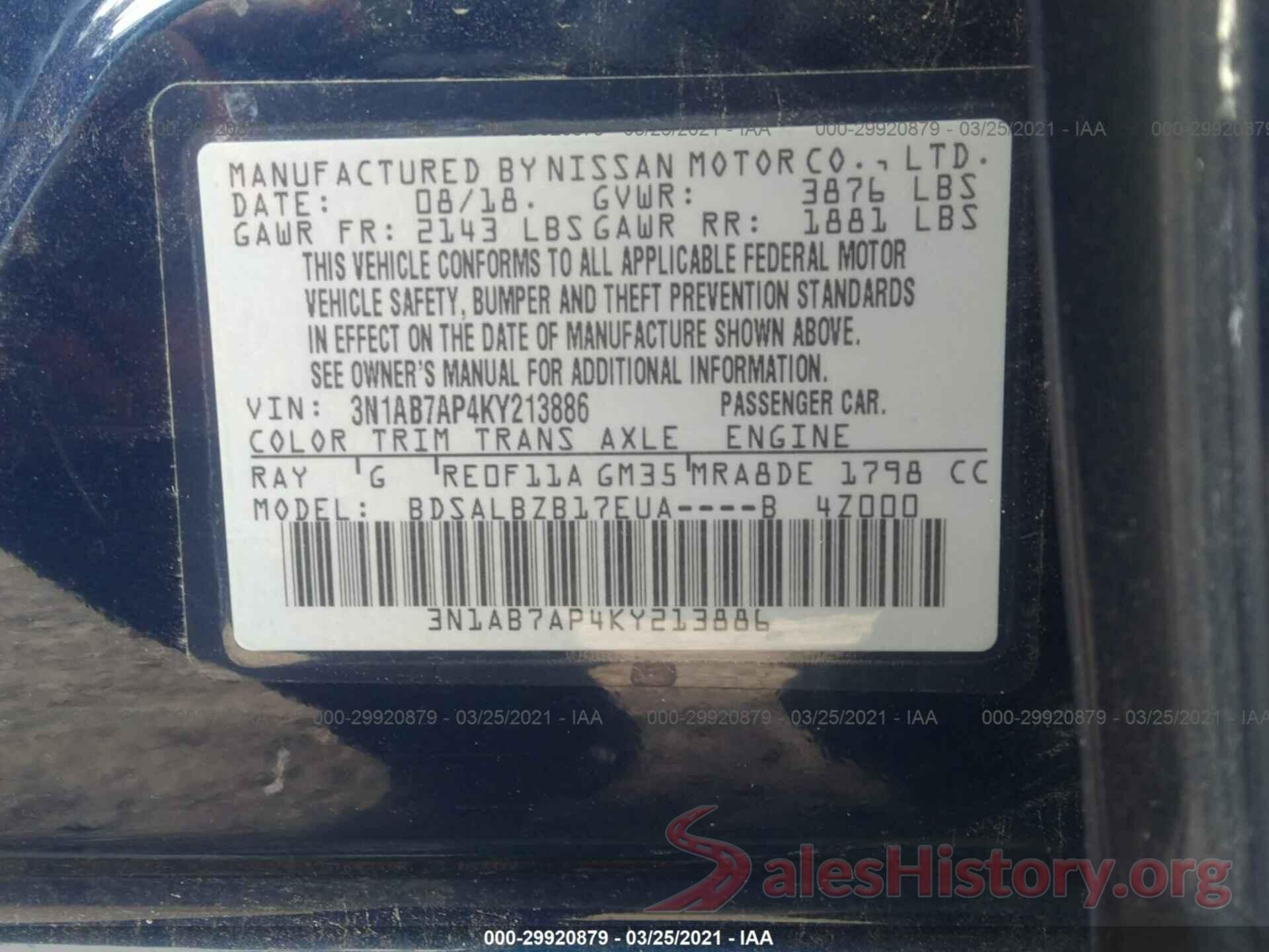 3N1AB7AP4KY213886 2019 NISSAN SENTRA