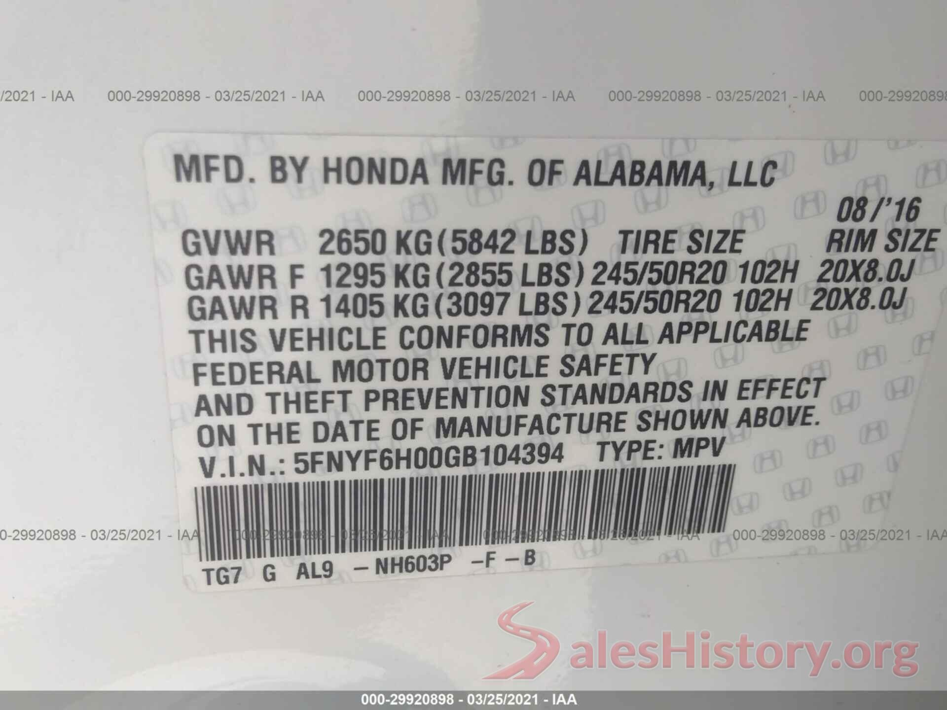 5FNYF6H00GB104394 2016 HONDA PILOT