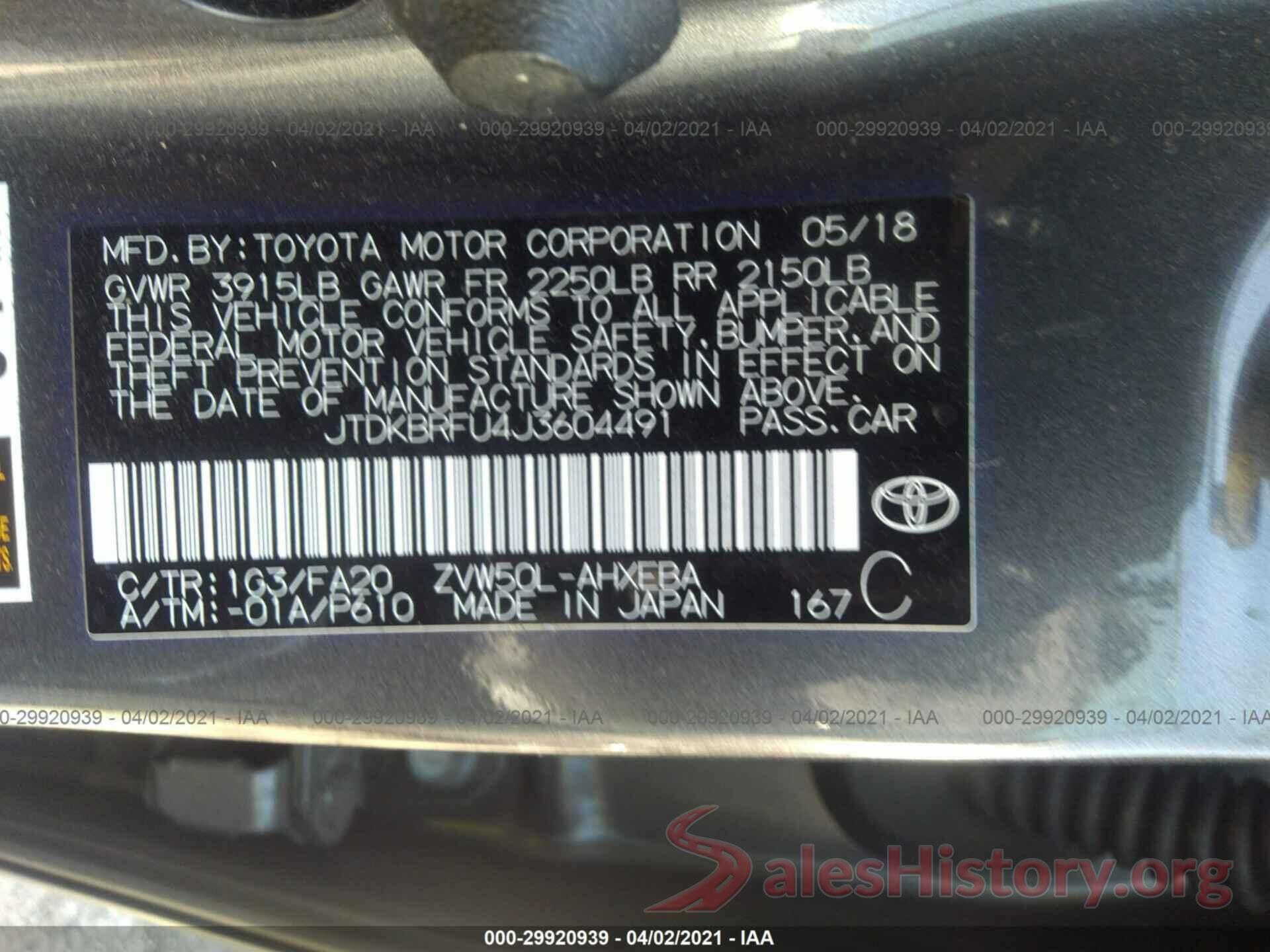 JTDKBRFU4J3604491 2018 TOYOTA PRIUS