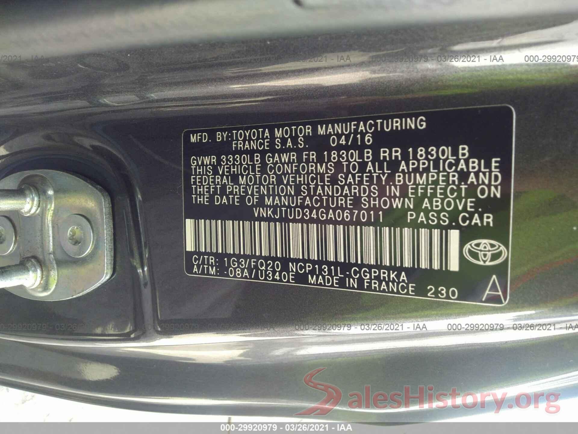 VNKJTUD34GA067011 2016 TOYOTA YARIS