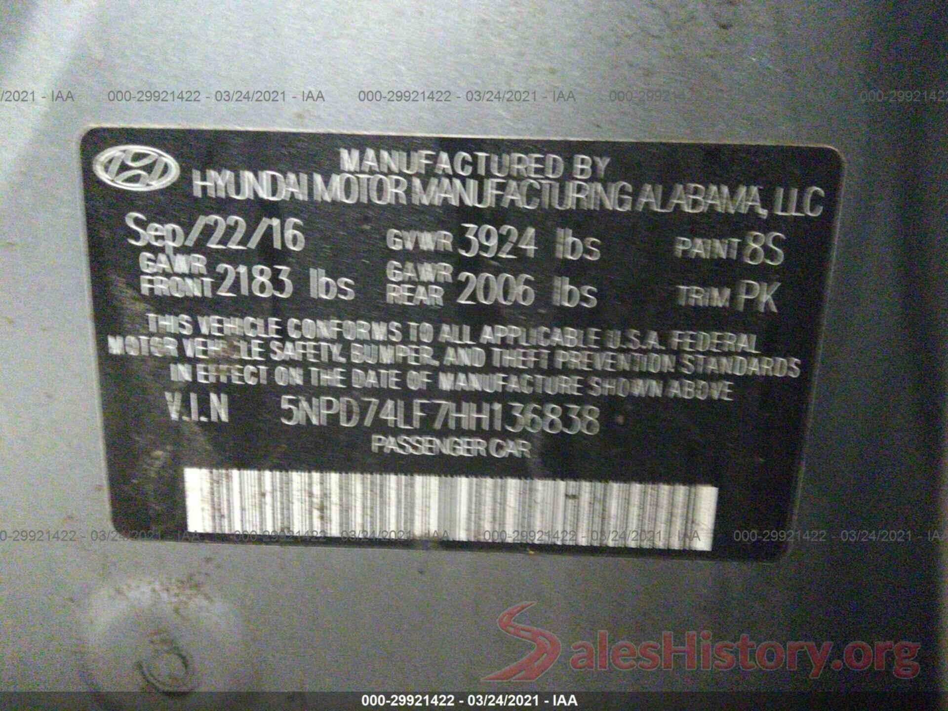 5NPD74LF7HH136838 2017 HYUNDAI ELANTRA