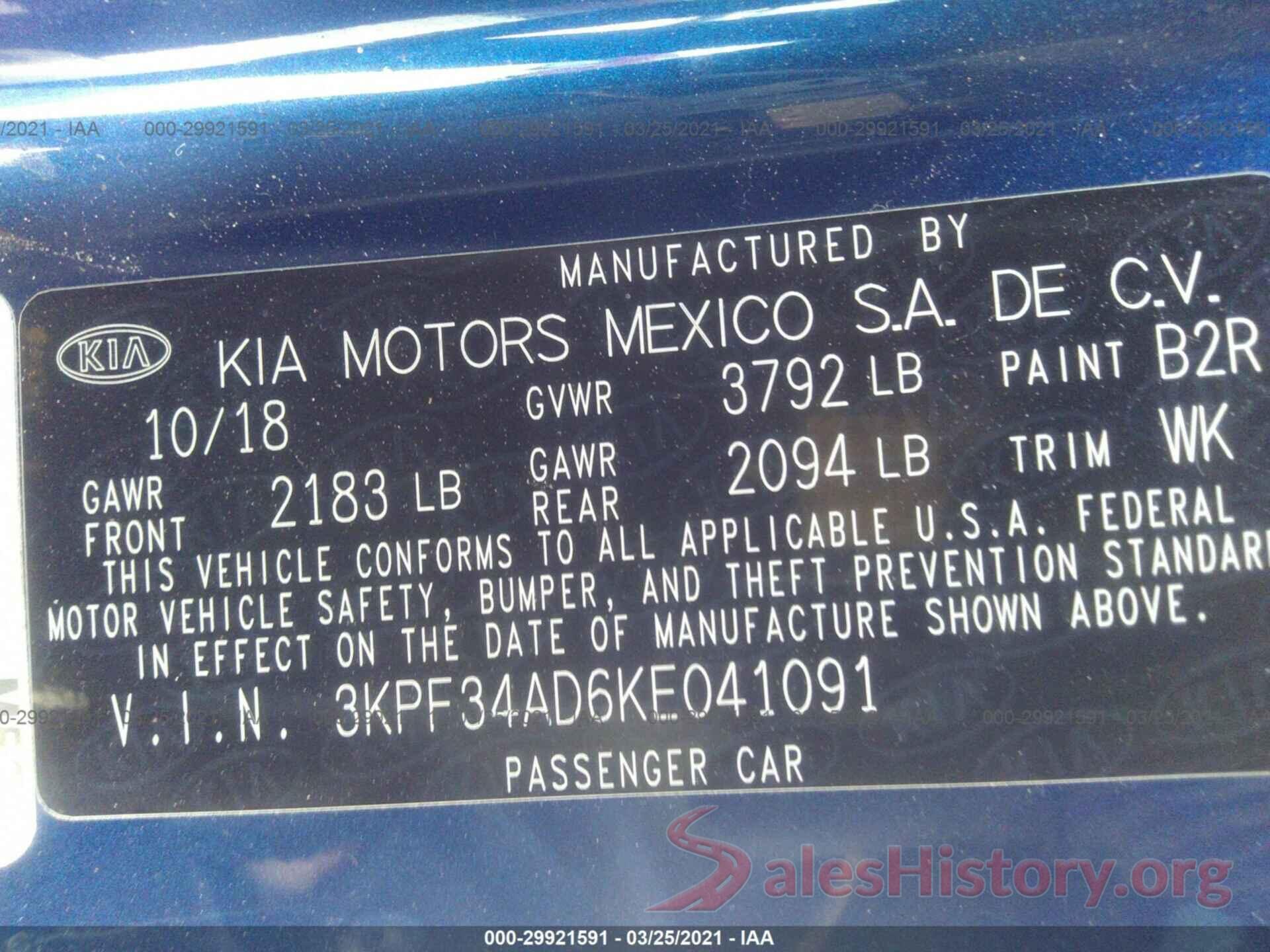 3KPF34AD6KE041091 2019 KIA FORTE