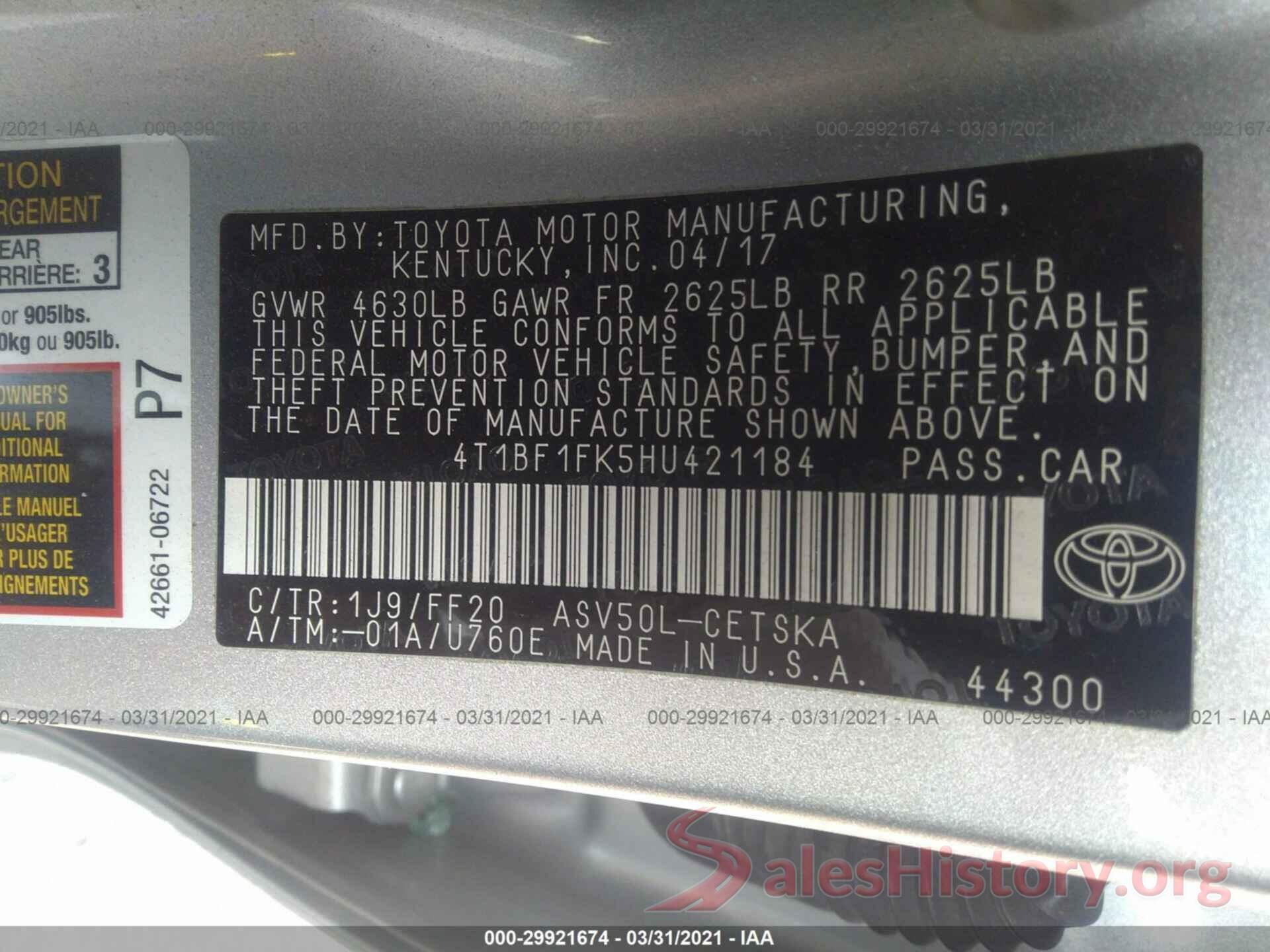 4T1BF1FK5HU421184 2017 TOYOTA CAMRY