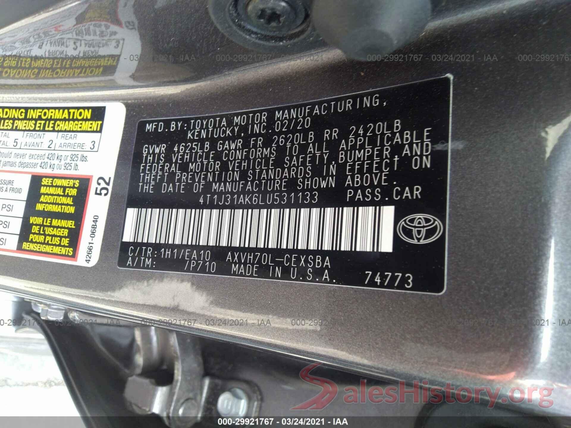 4T1J31AK6LU531133 2020 TOYOTA CAMRY