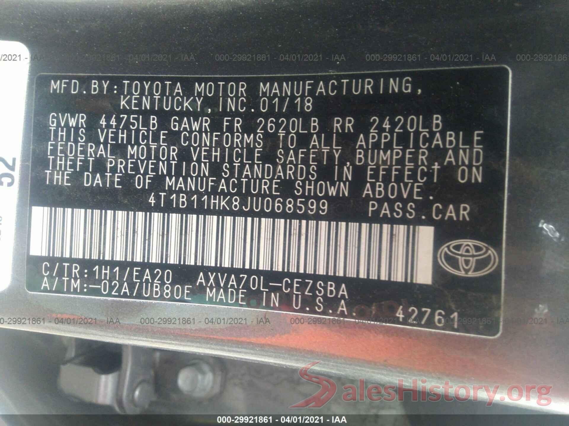 4T1B11HK8JU068599 2018 TOYOTA CAMRY