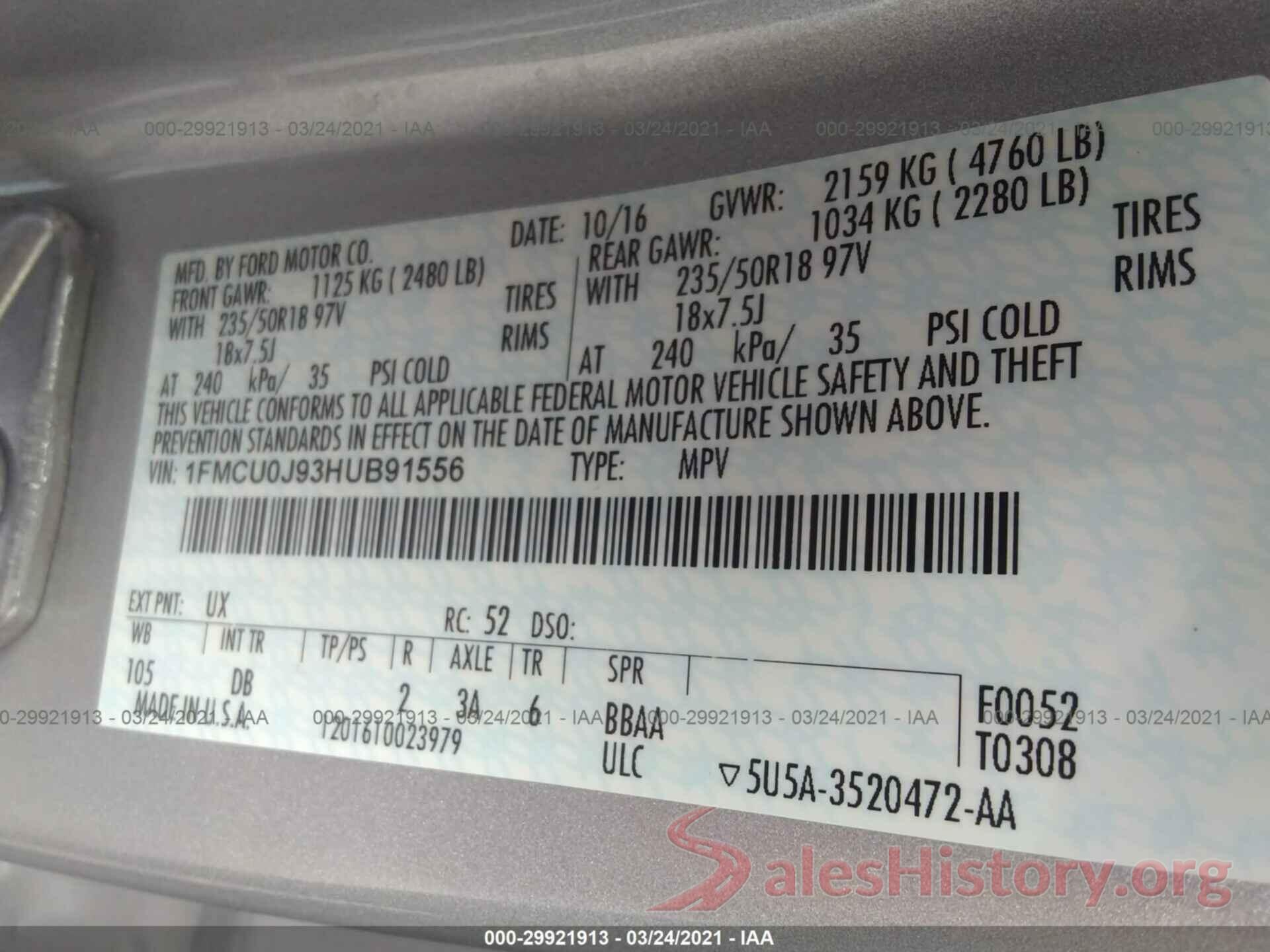 1FMCU0J93HUB91556 2017 FORD ESCAPE