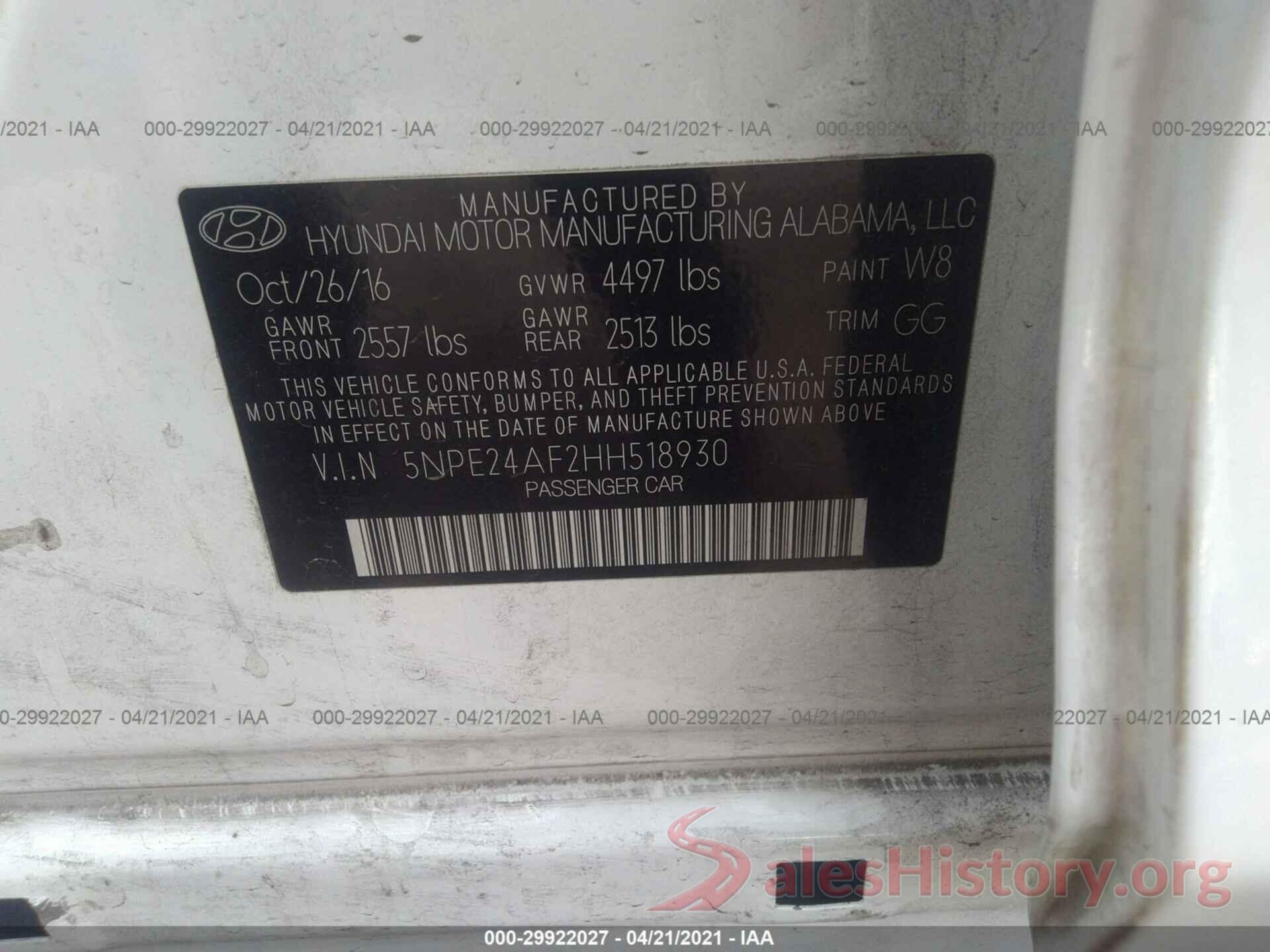 5NPE24AF2HH518930 2017 HYUNDAI SONATA