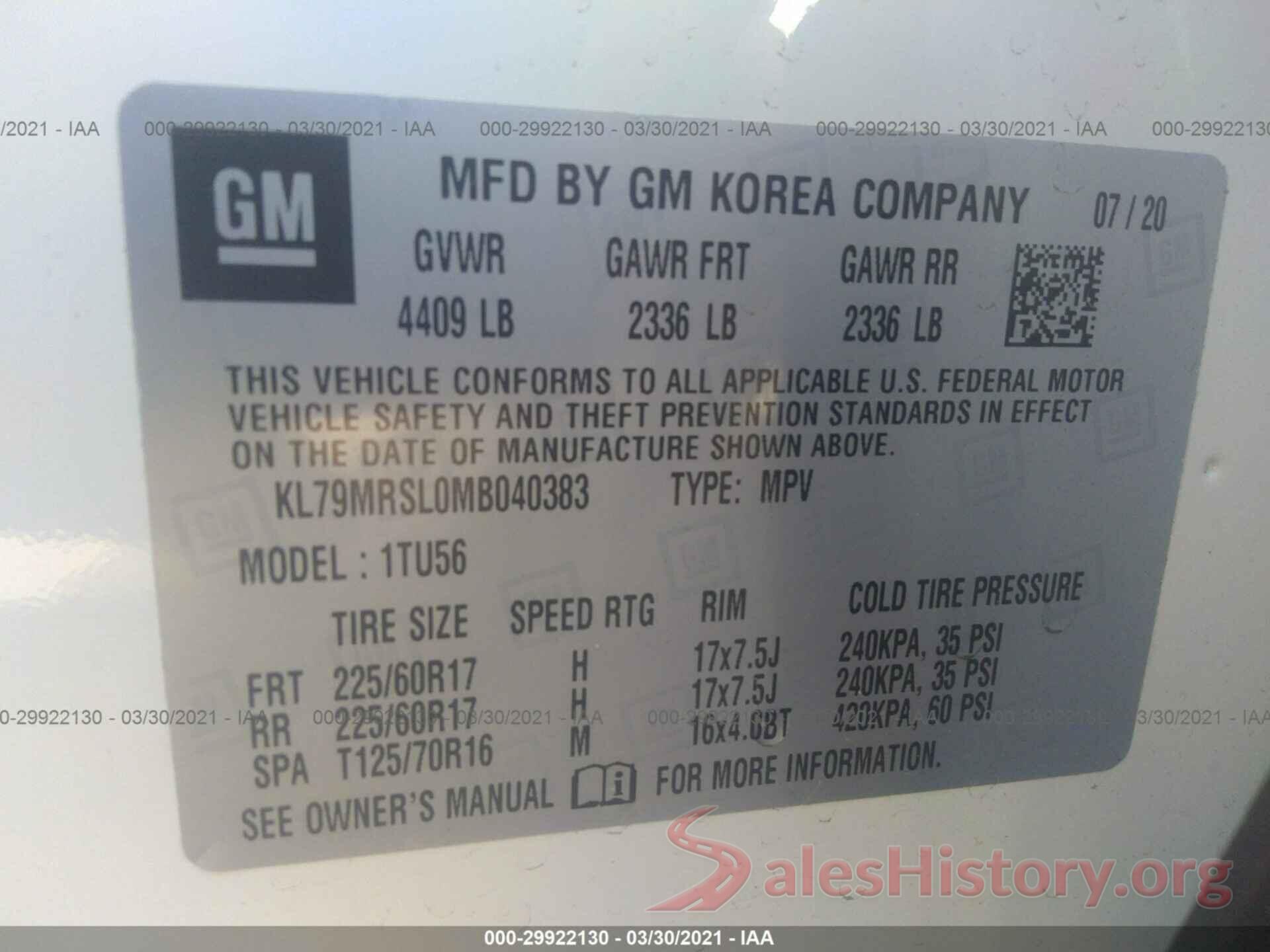 KL79MRSL0MB040383 2021 CHEVROLET TRAILBLAZER