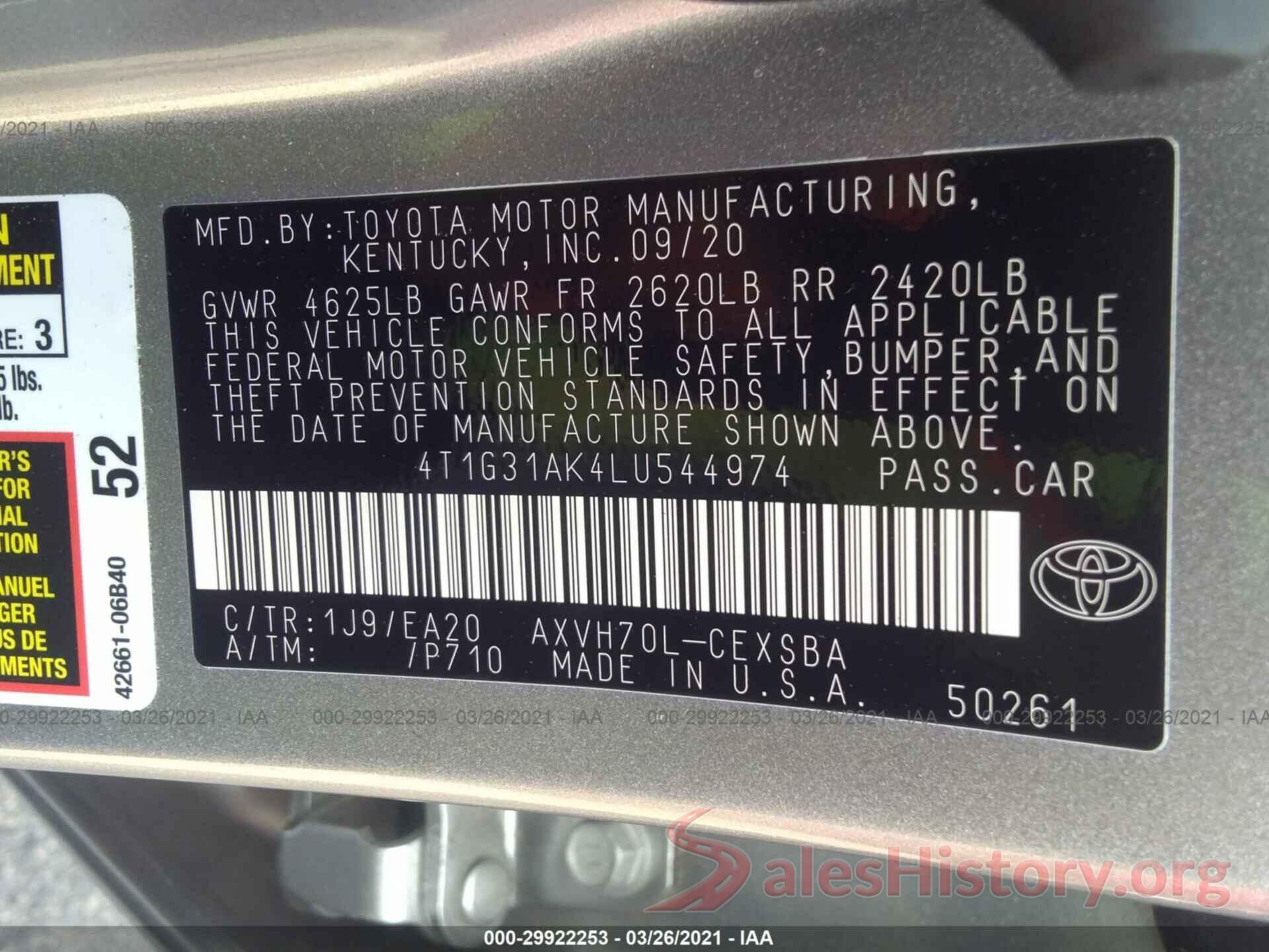 4T1G31AK4LU544974 2020 TOYOTA CAMRY