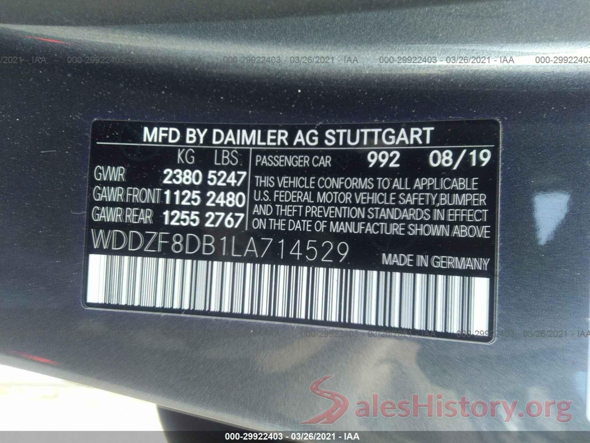 WDDZF8DB1LA714529 2020 MERCEDES-BENZ E-CLASS