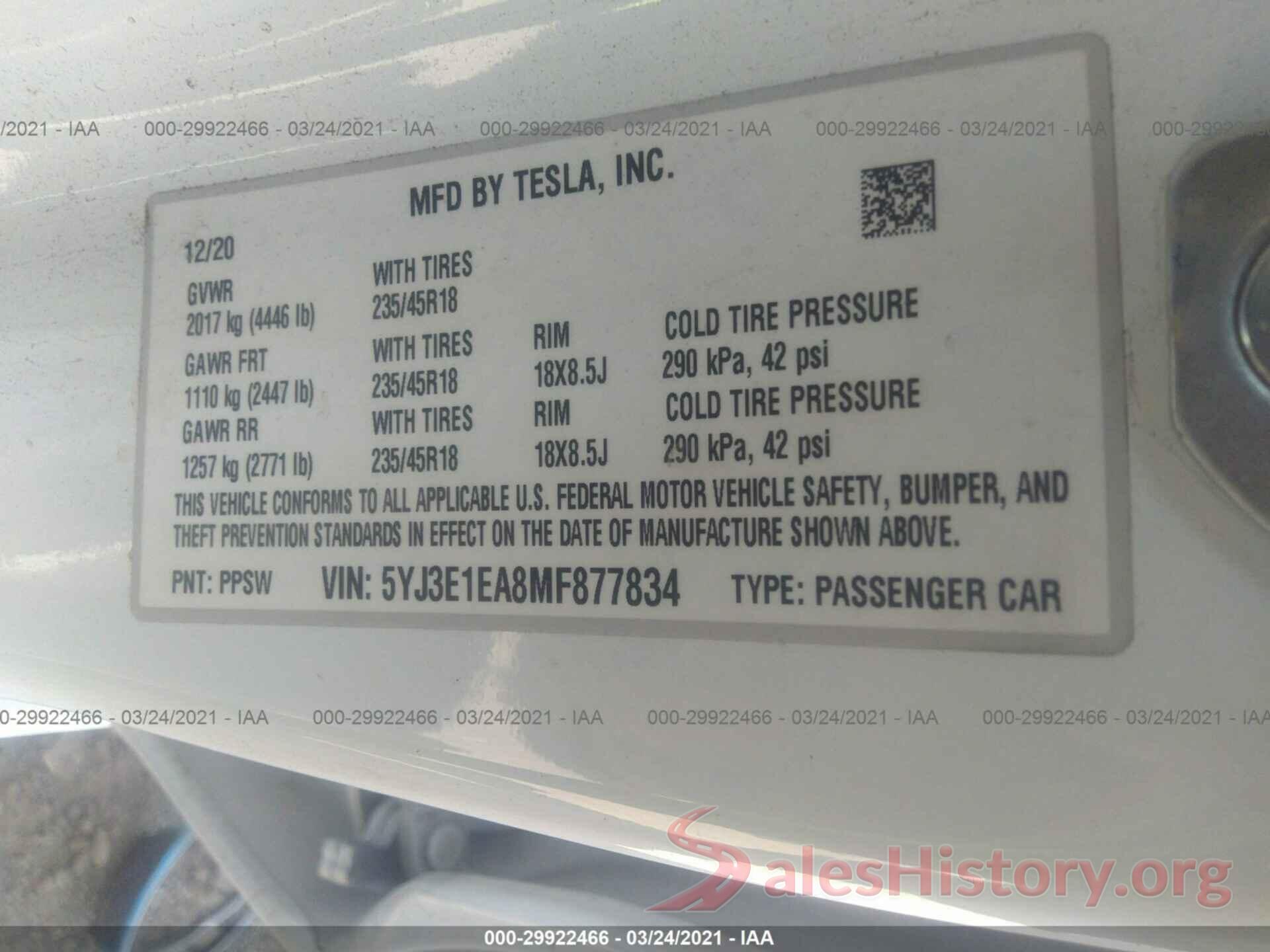 5YJ3E1EA8MF877834 2021 TESLA MODEL 3