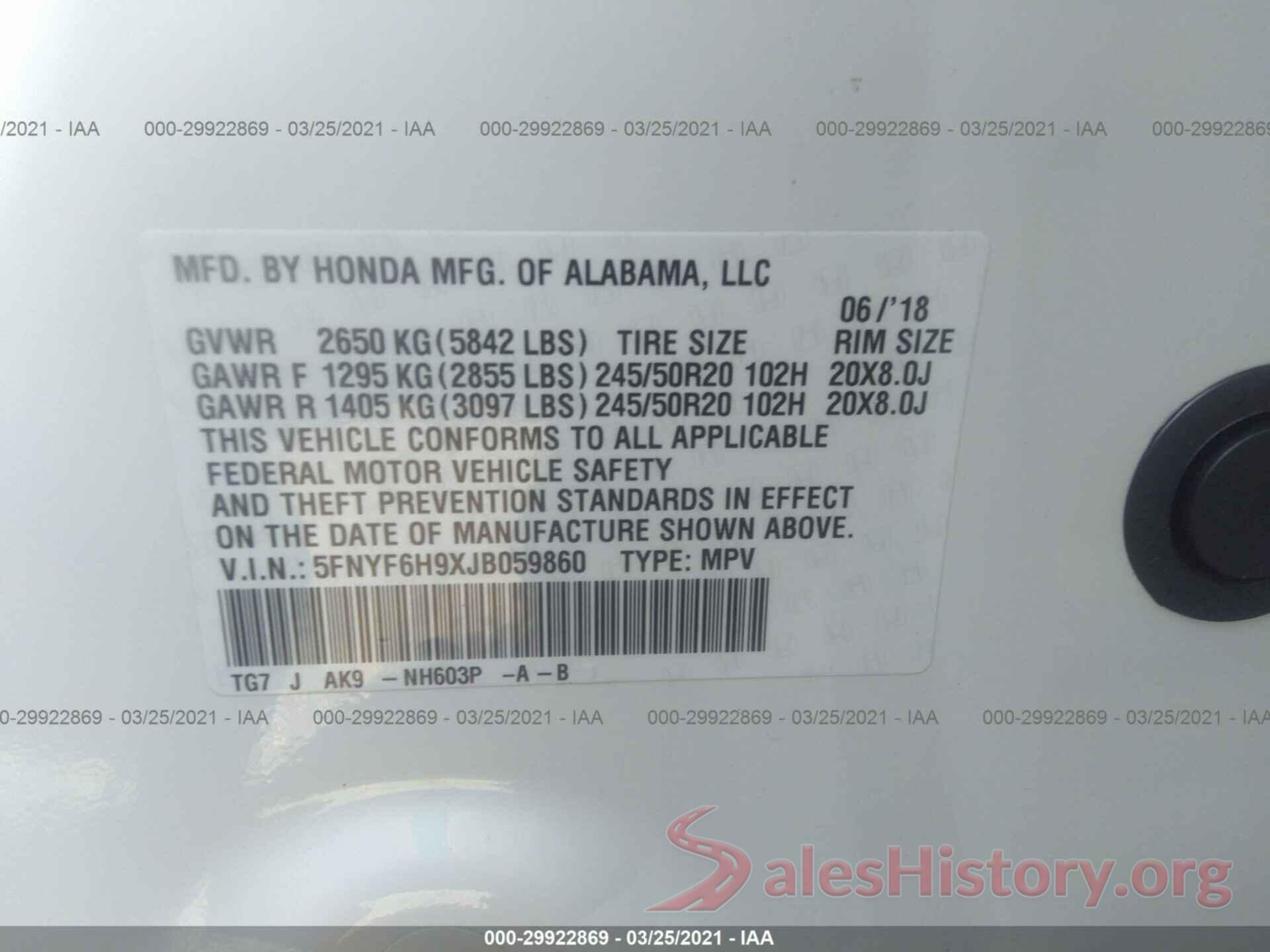 5FNYF6H9XJB059860 2018 HONDA PILOT