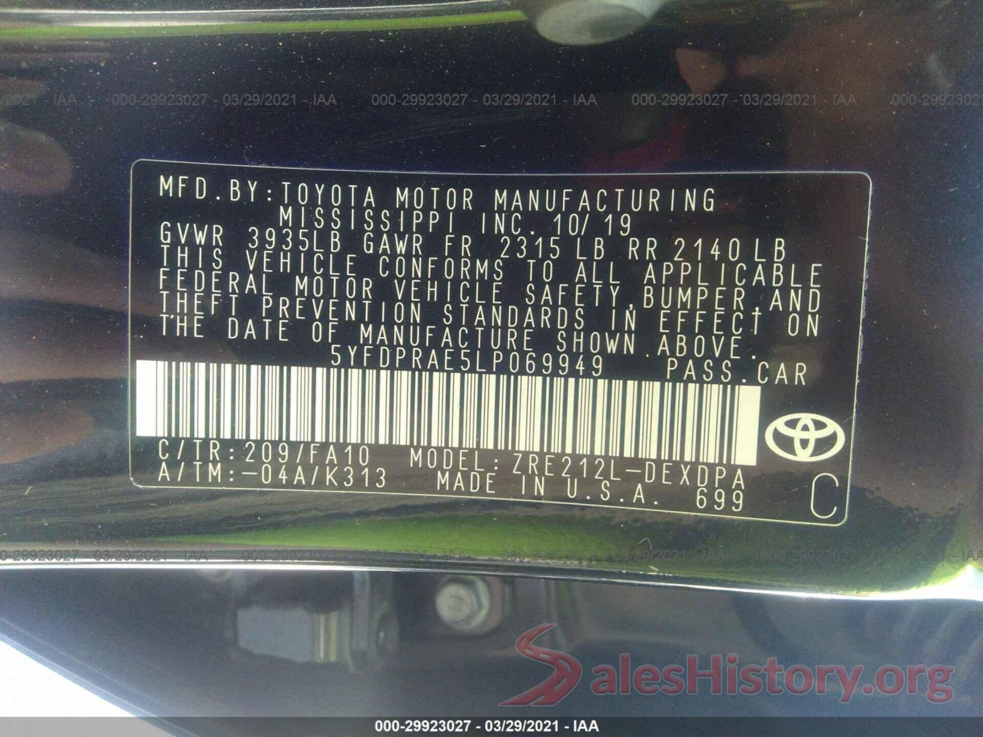 5YFDPRAE5LP069949 2020 TOYOTA COROLLA