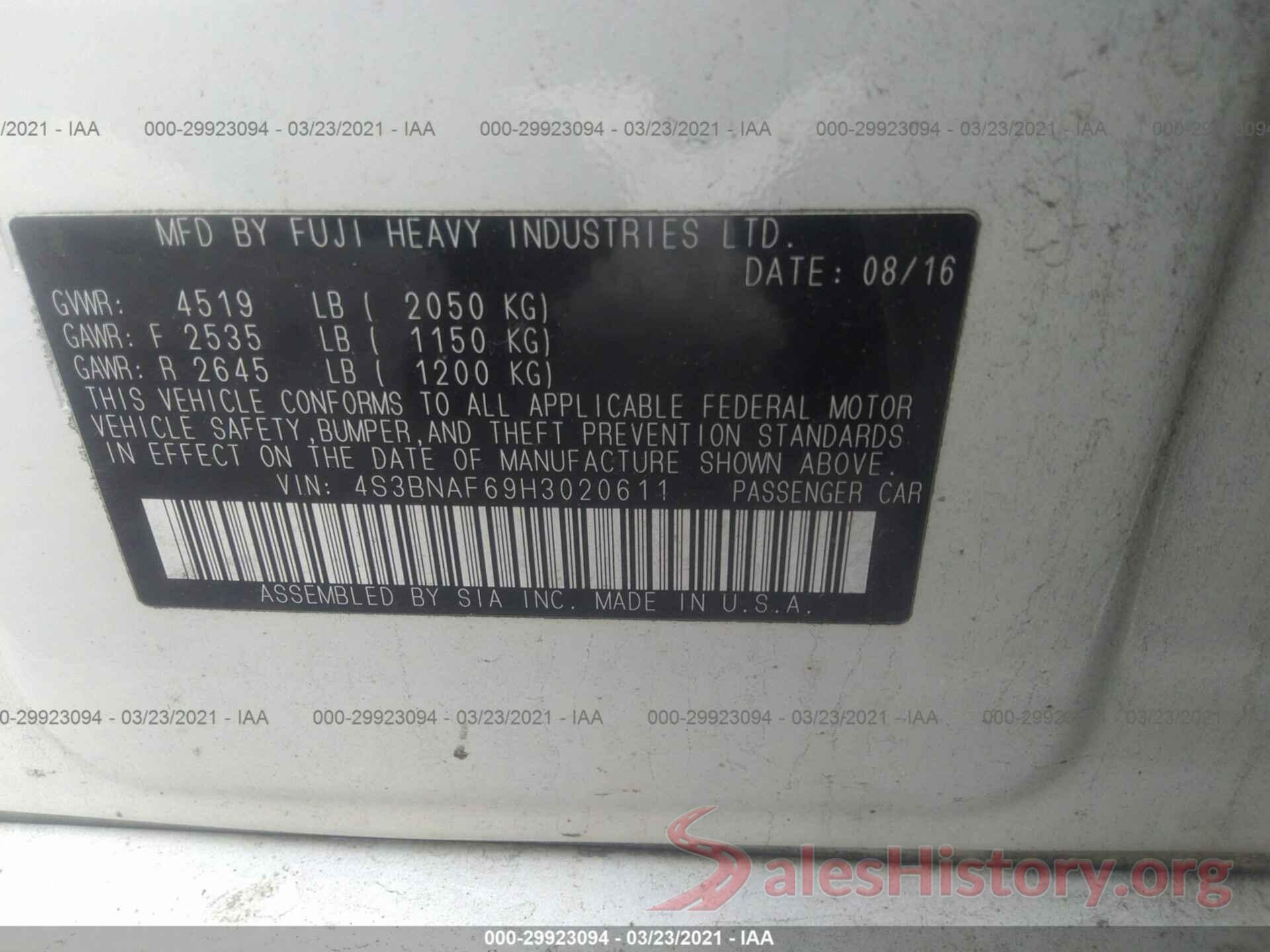 4S3BNAF69H3020611 2017 SUBARU LEGACY