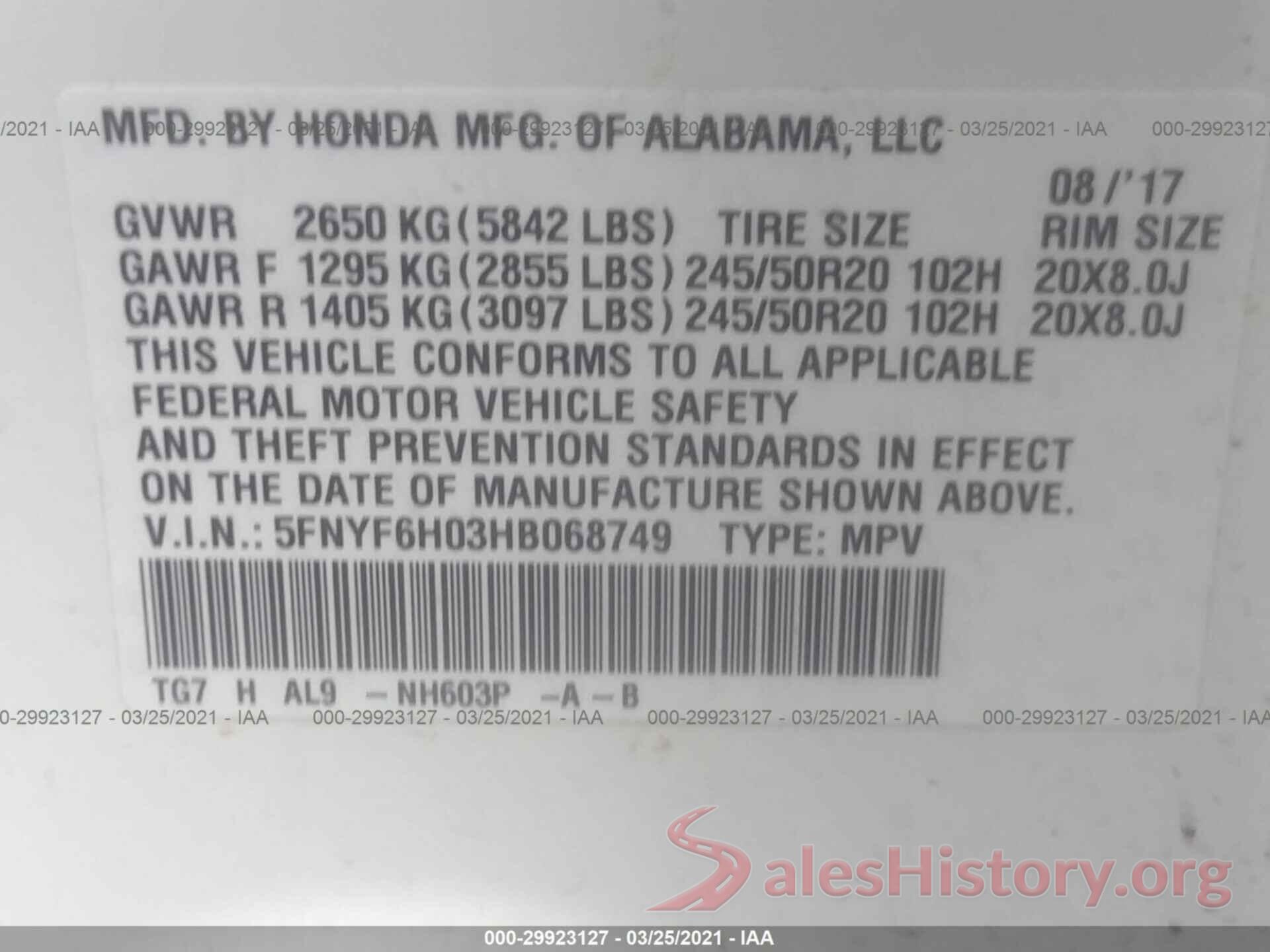 5FNYF6H03HB068749 2017 HONDA PILOT