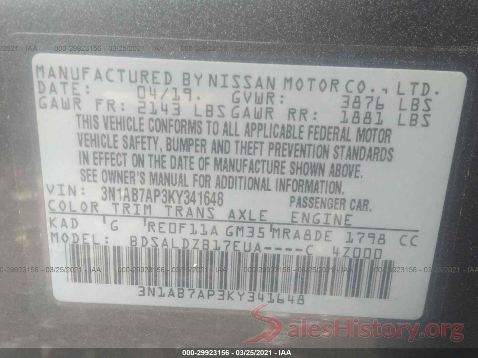 3N1AB7AP3KY341648 2019 NISSAN SENTRA