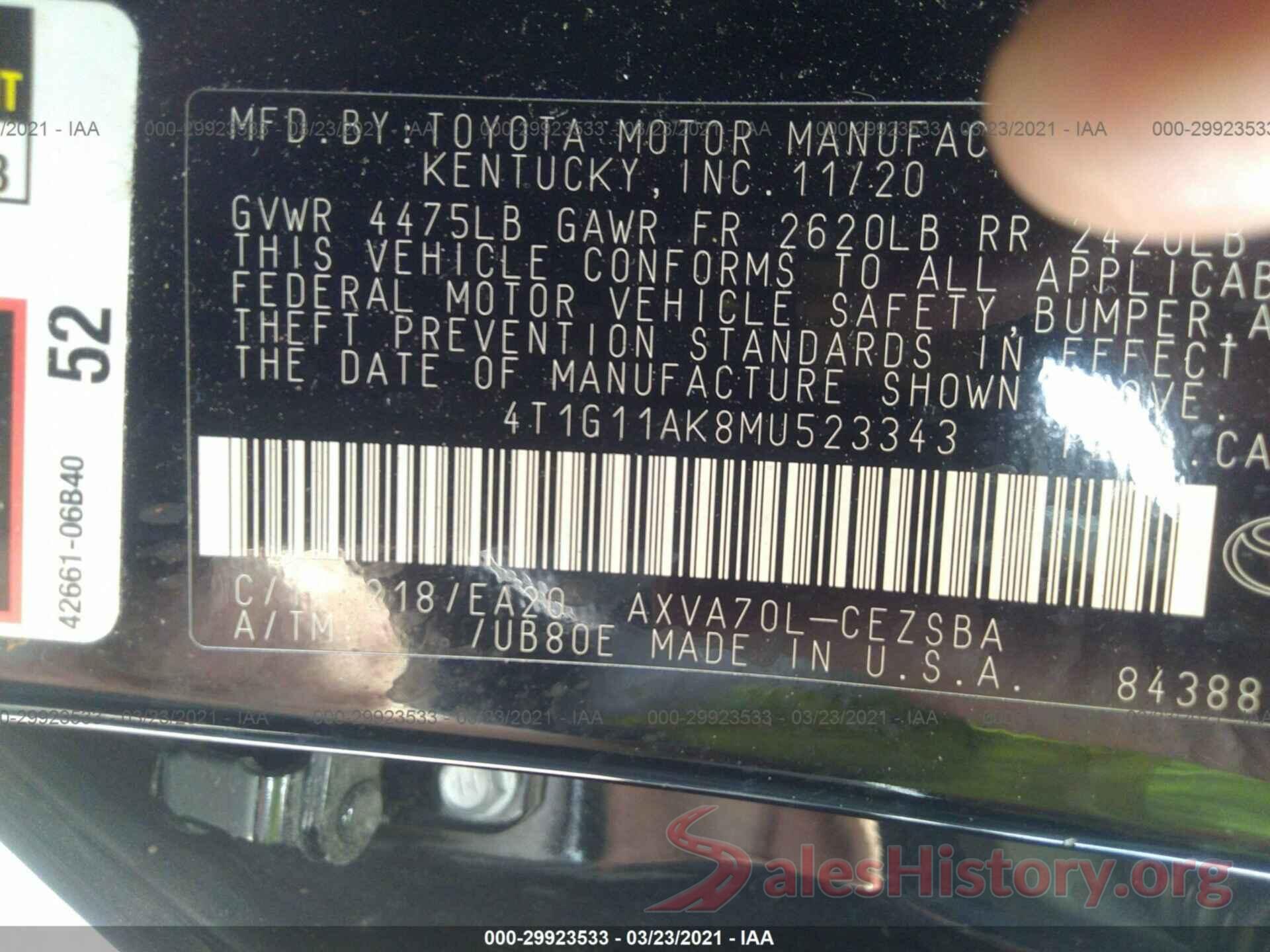 4T1G11AK8MU523343 2021 TOYOTA CAMRY