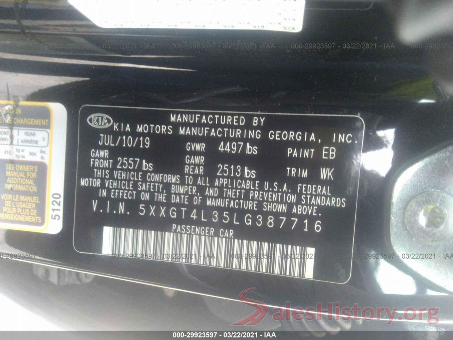 5XXGT4L35LG387716 2020 KIA OPTIMA