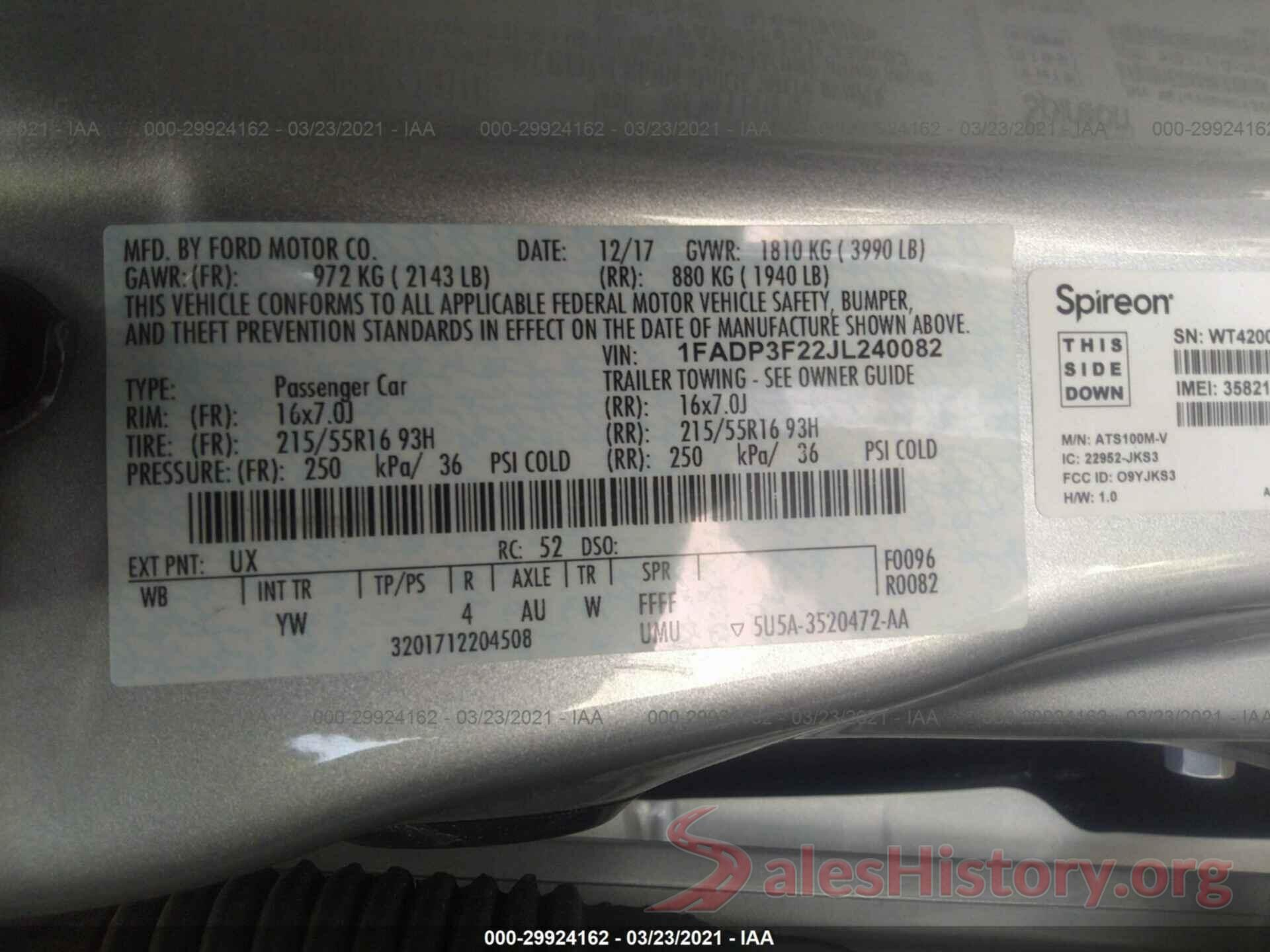 1FADP3F22JL240082 2018 FORD FOCUS