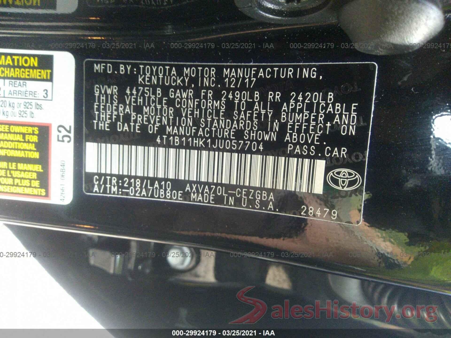 4T1B11HK1JU057704 2018 TOYOTA CAMRY