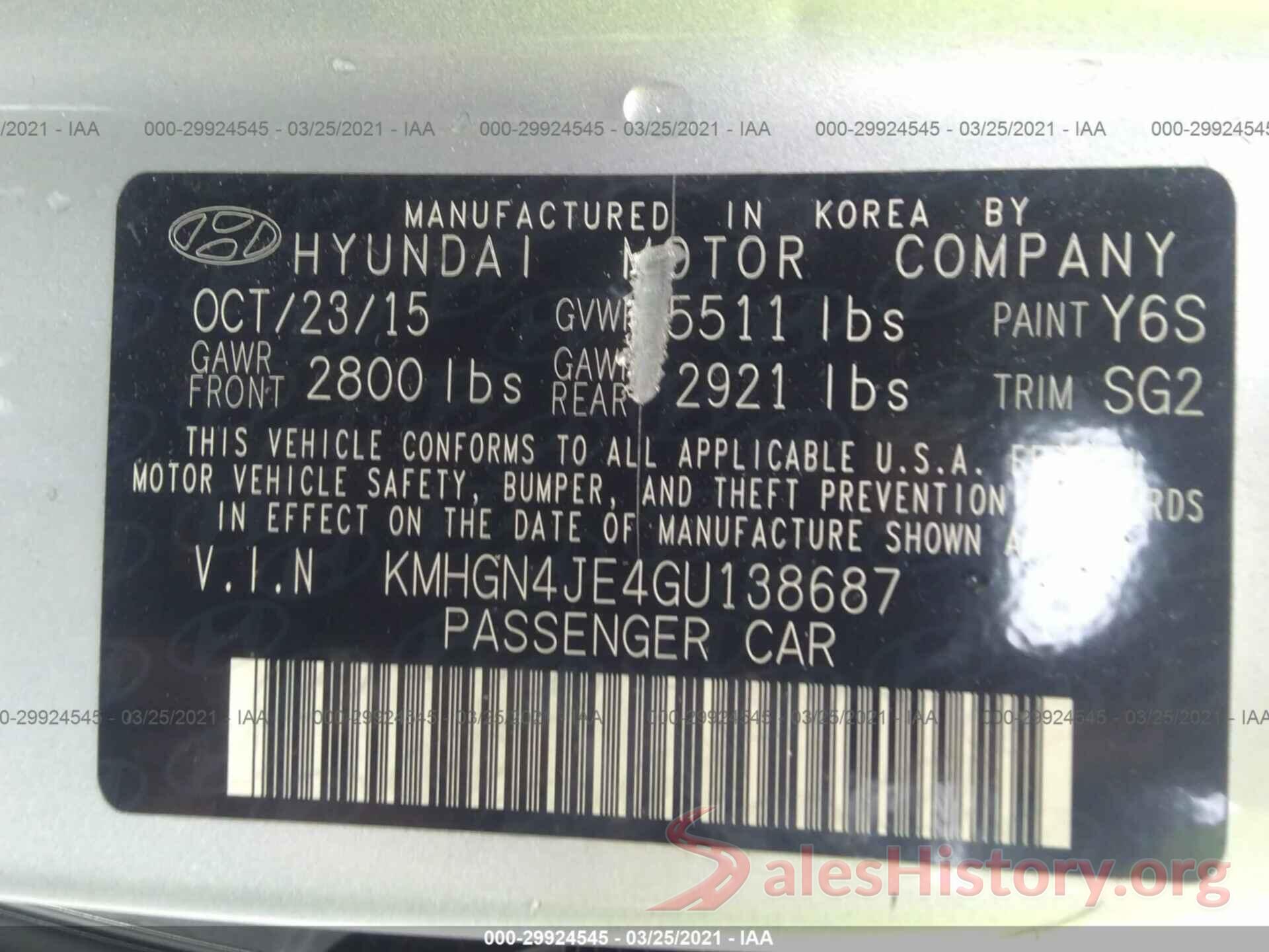 KMHGN4JE4GU138687 2016 HYUNDAI GENESIS