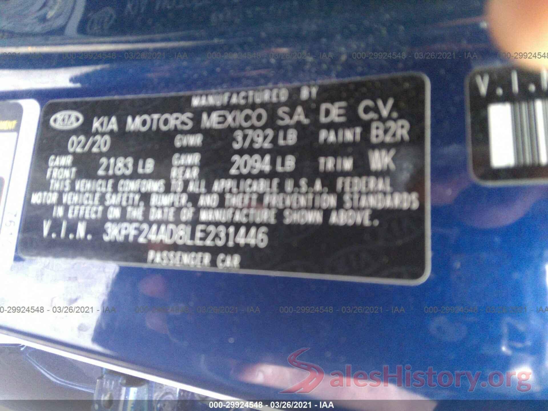 3KPF24AD8LE231446 2020 KIA FORTE