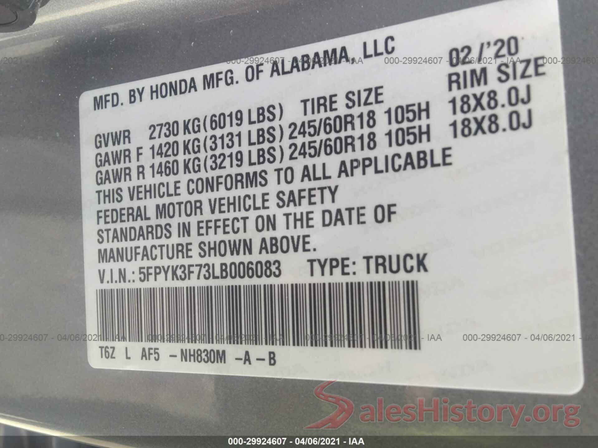 5FPYK3F73LB006083 2020 HONDA RIDGELINE