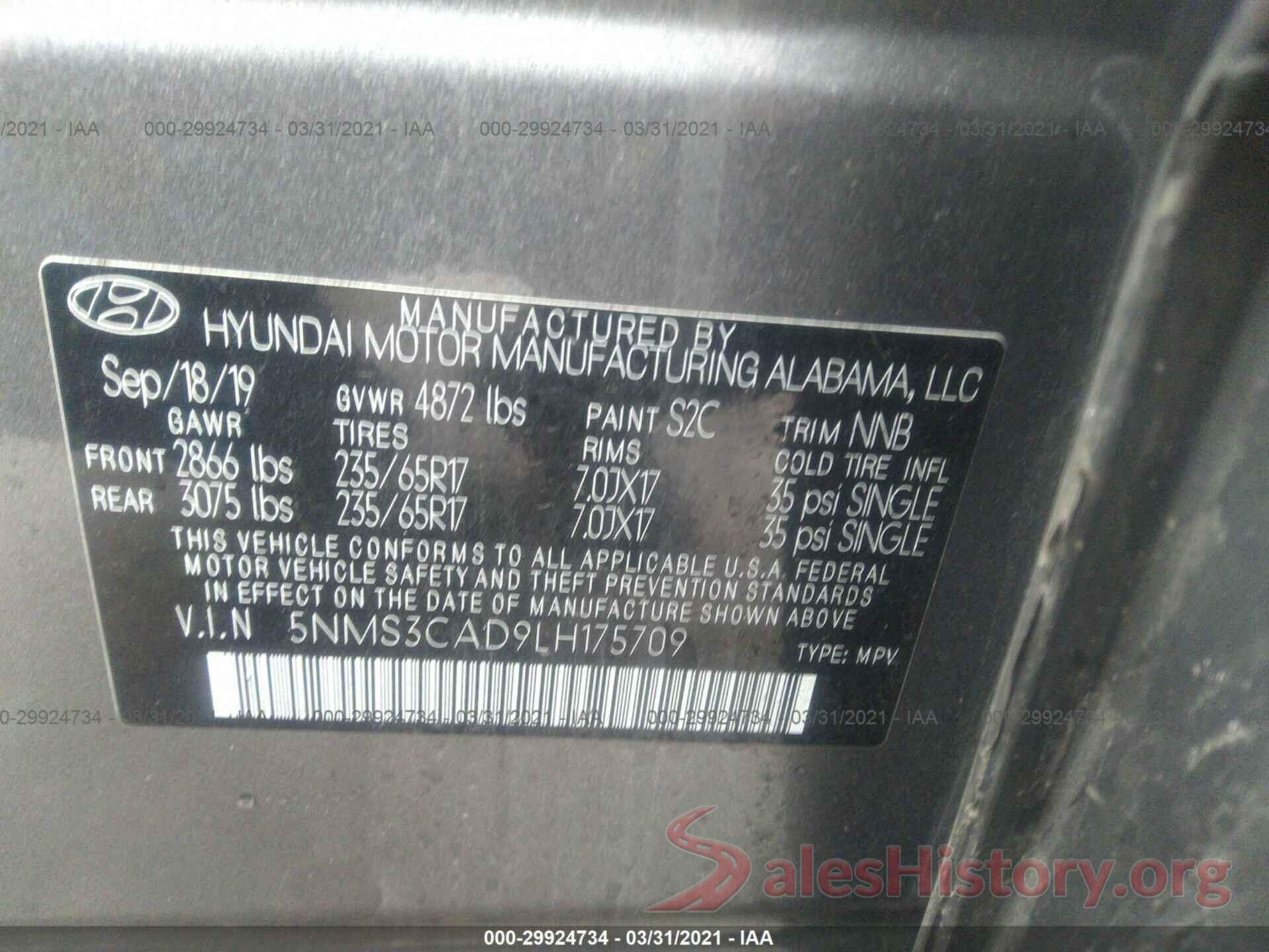 5NMS3CAD9LH175709 2020 HYUNDAI SANTA FE