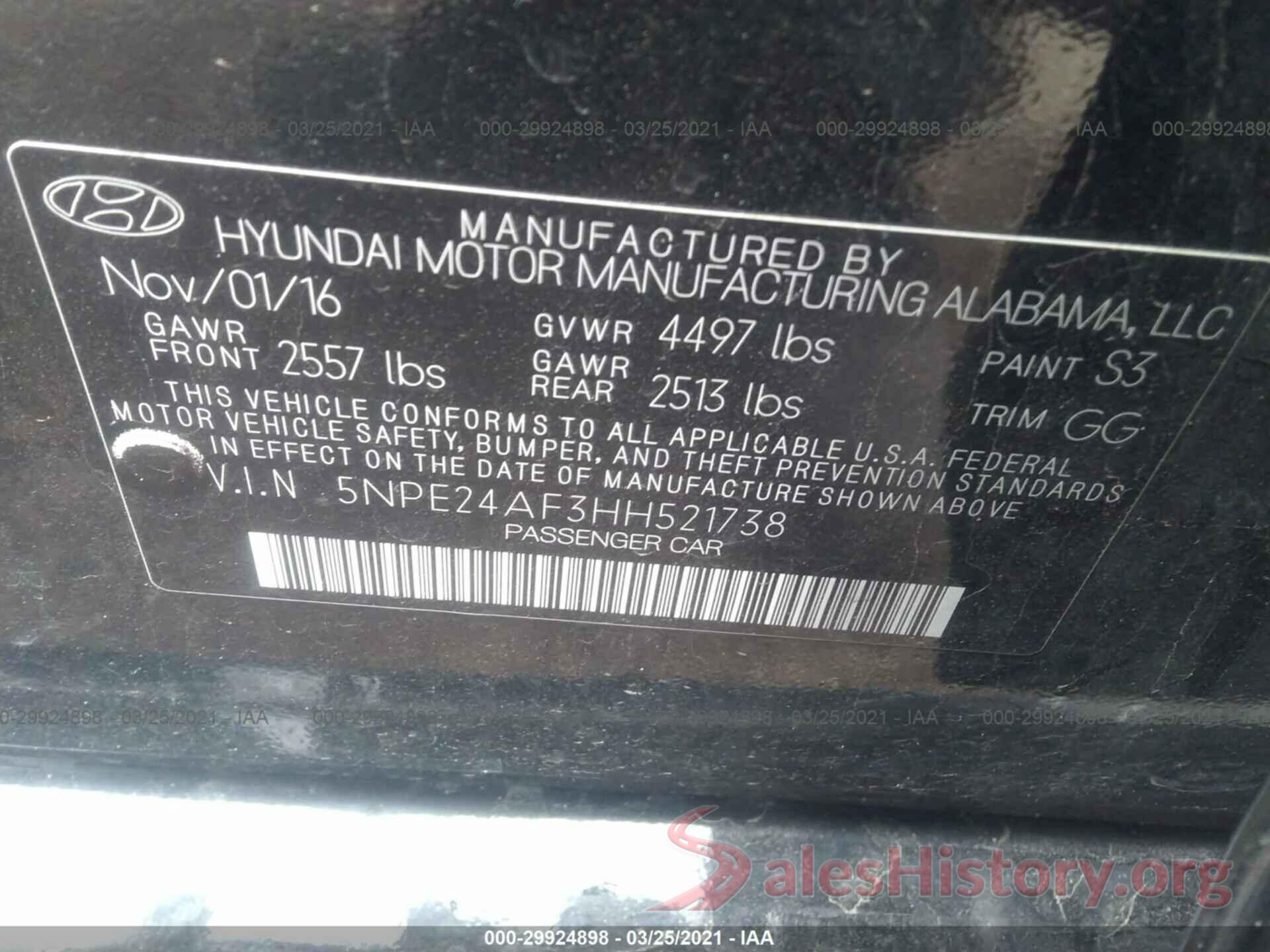 5NPE24AF3HH521738 2017 HYUNDAI SONATA