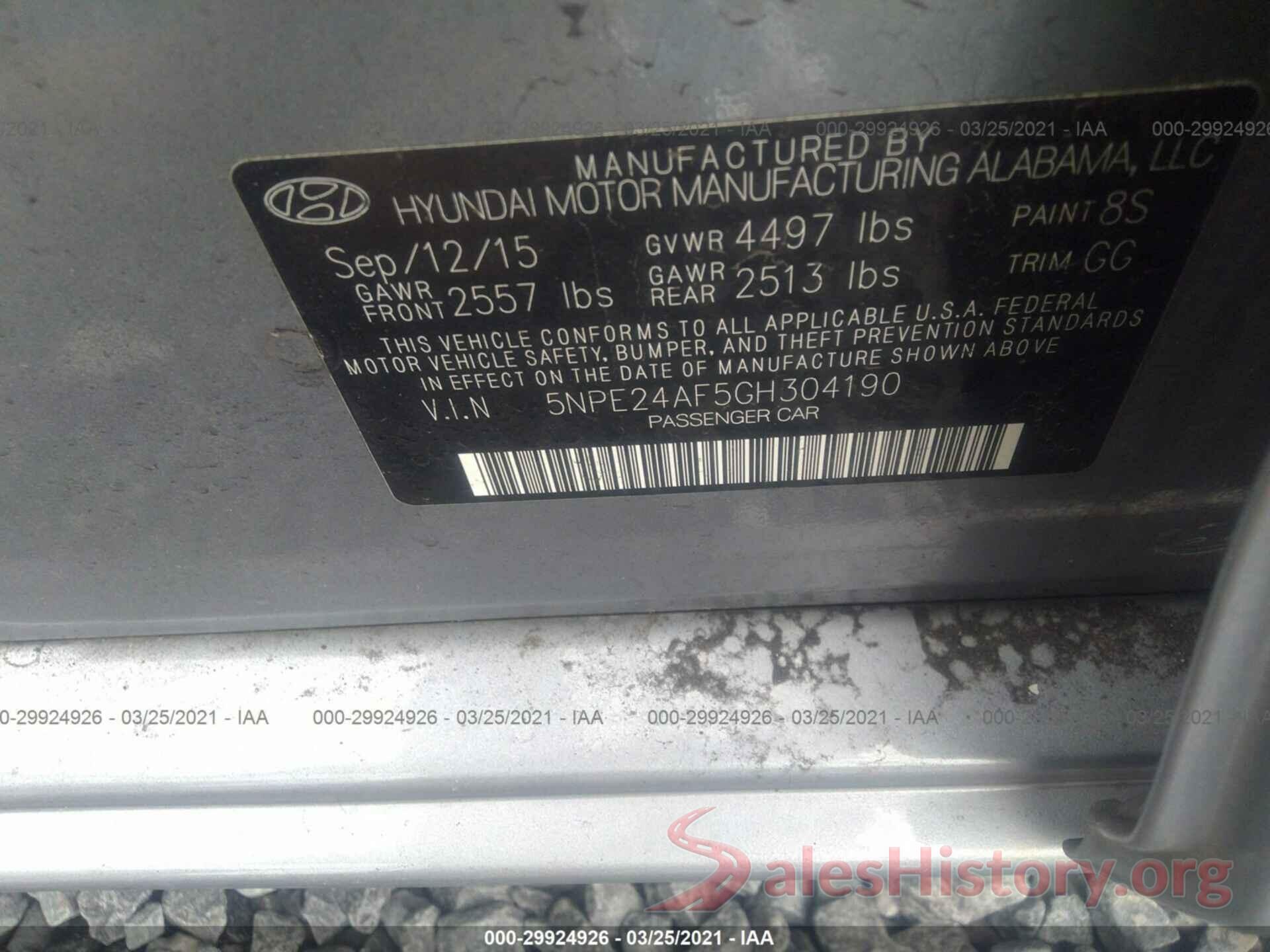 5NPE24AF5GH304190 2016 HYUNDAI SONATA