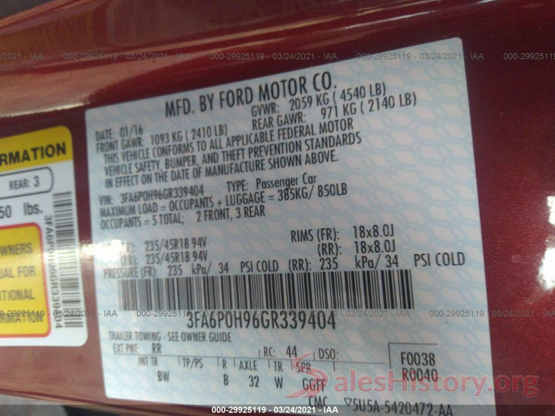 3FA6P0H96GR339404 2016 FORD FUSION