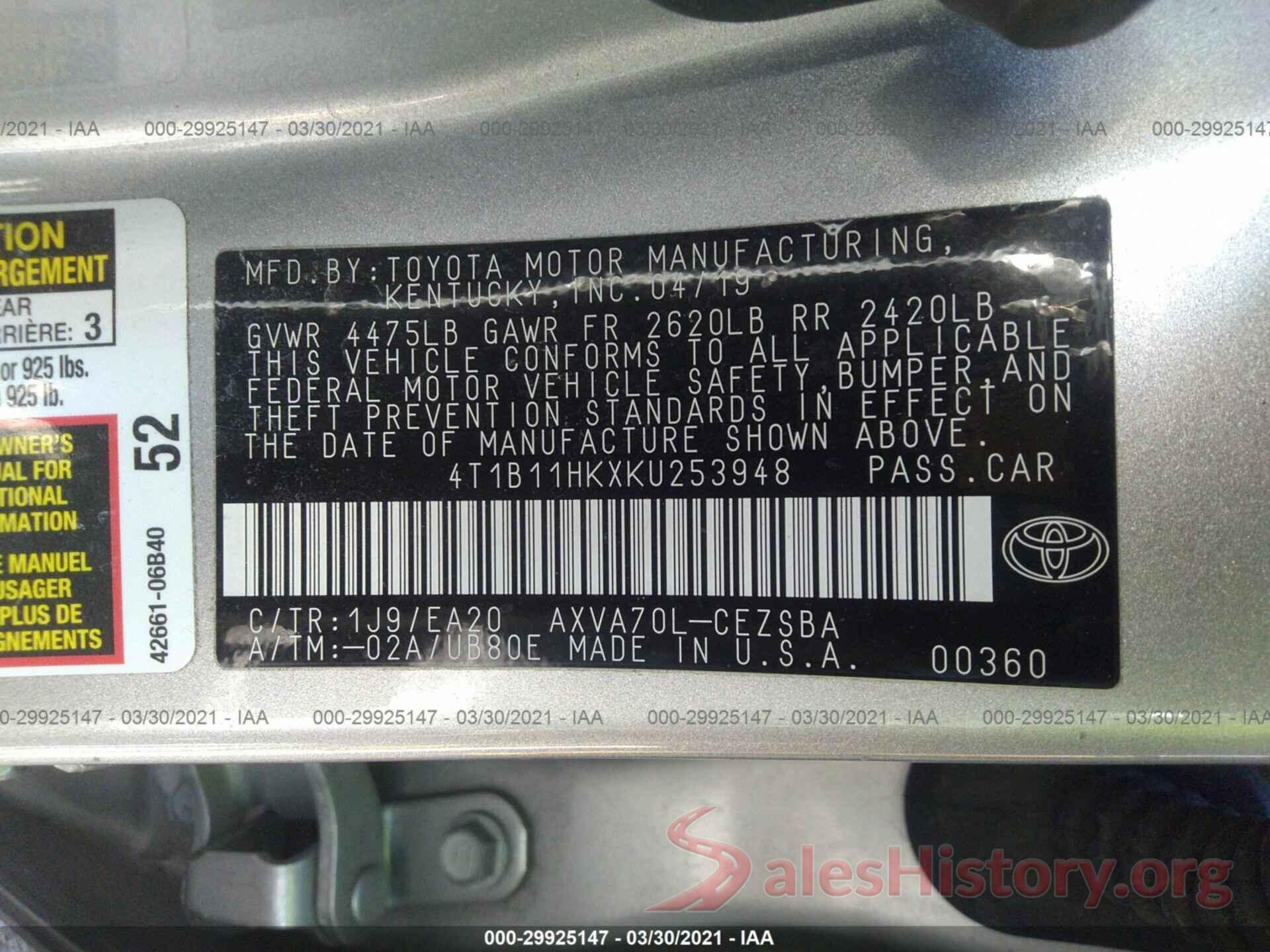 4T1B11HKXKU253948 2019 TOYOTA CAMRY