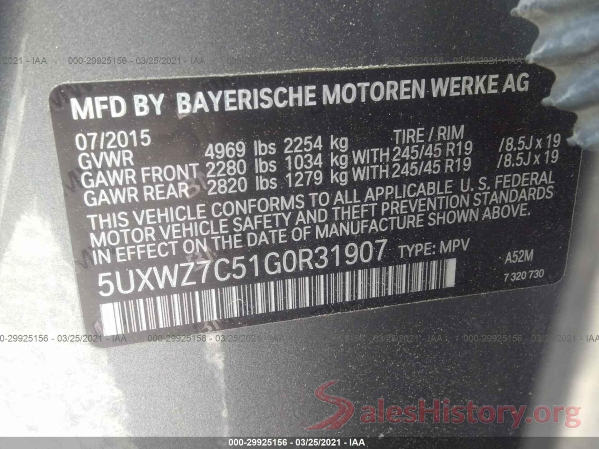 5UXWZ7C51G0R31907 2016 BMW X3