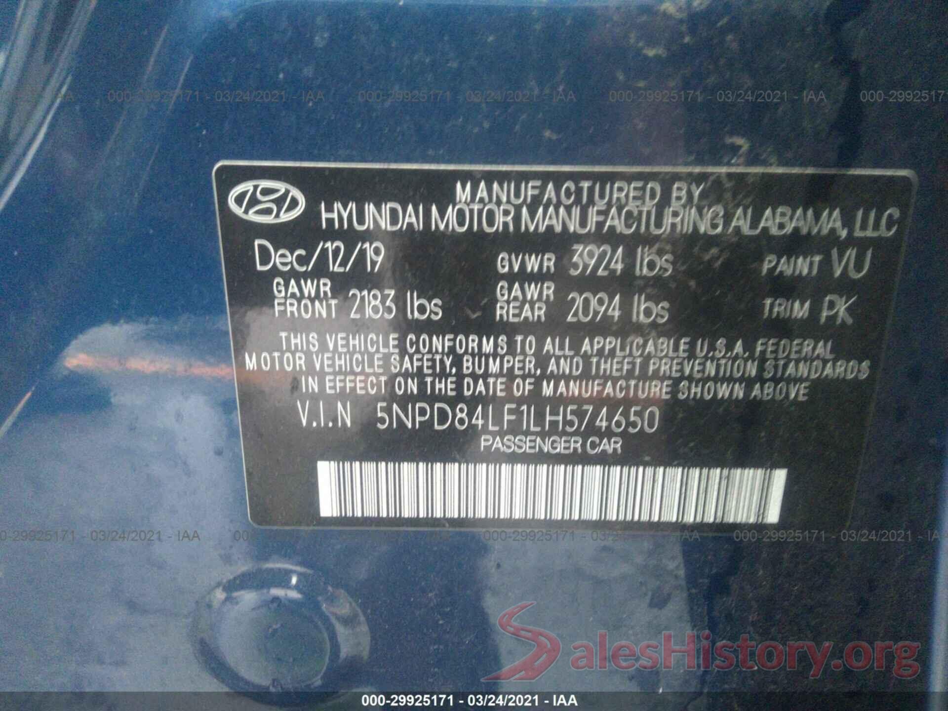 5NPD84LF1LH574650 2020 HYUNDAI ELANTRA