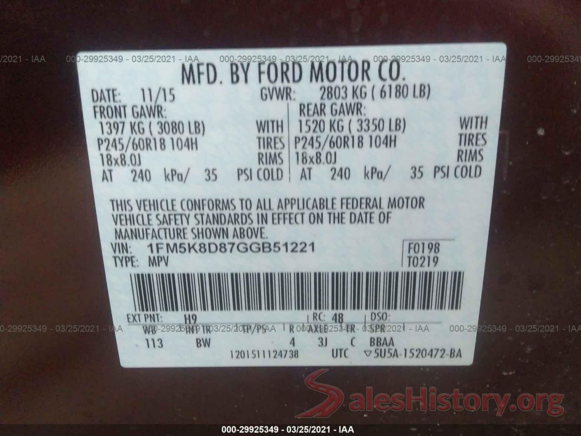 1FM5K8D87GGB51221 2016 FORD EXPLORER