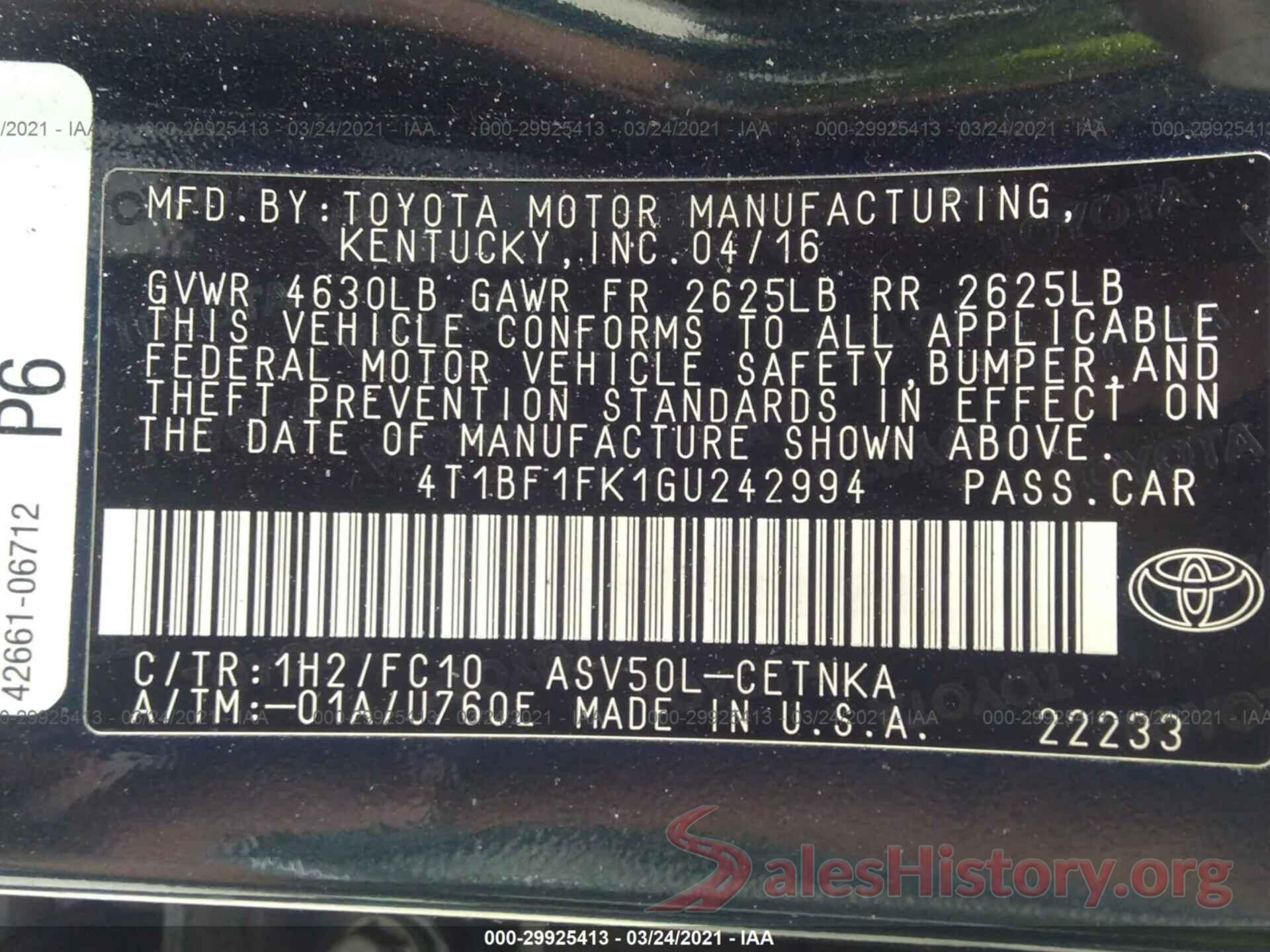 4T1BF1FK1GU242994 2016 TOYOTA CAMRY