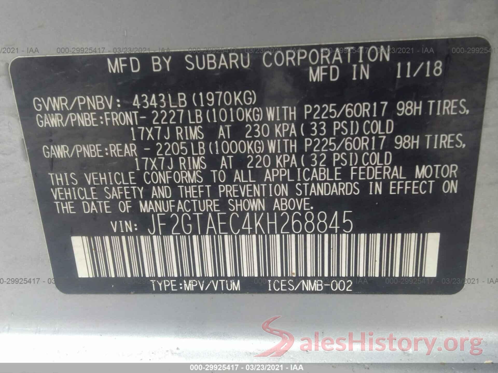 JF2GTAEC4KH268845 2019 SUBARU CROSSTREK