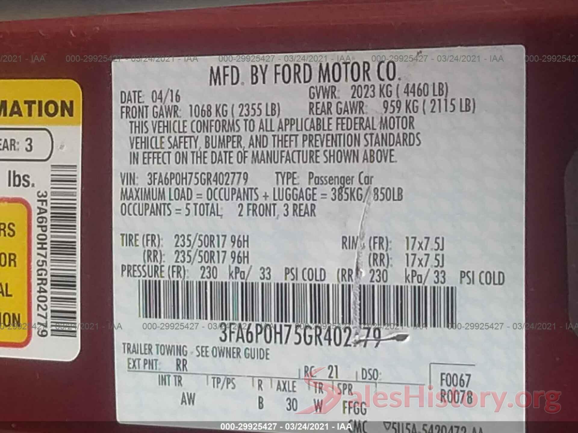 3FA6P0H75GR402779 2016 FORD FUSION