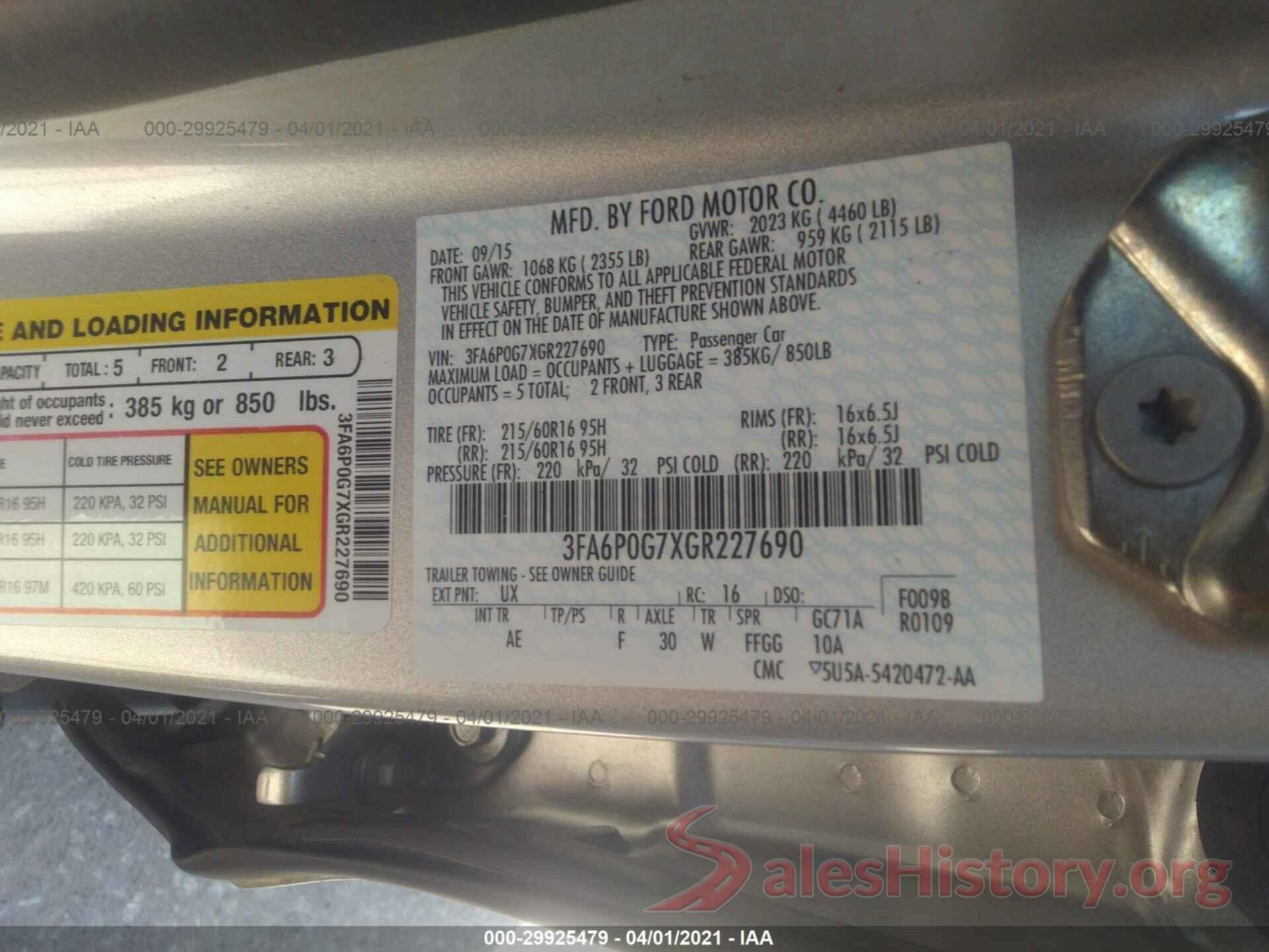 3FA6P0G7XGR227690 2016 FORD FUSION