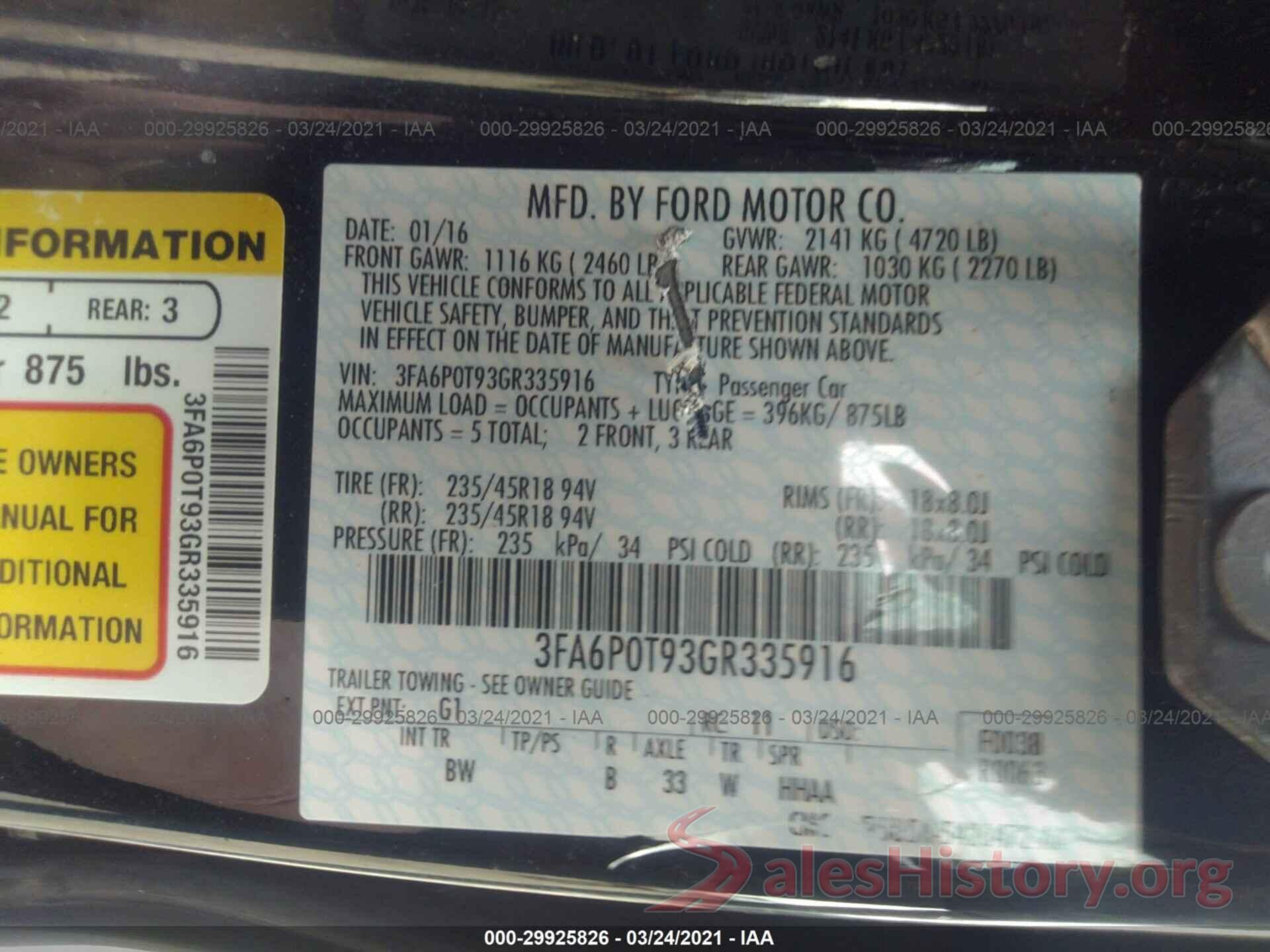 3FA6P0T93GR335916 2016 FORD FUSION